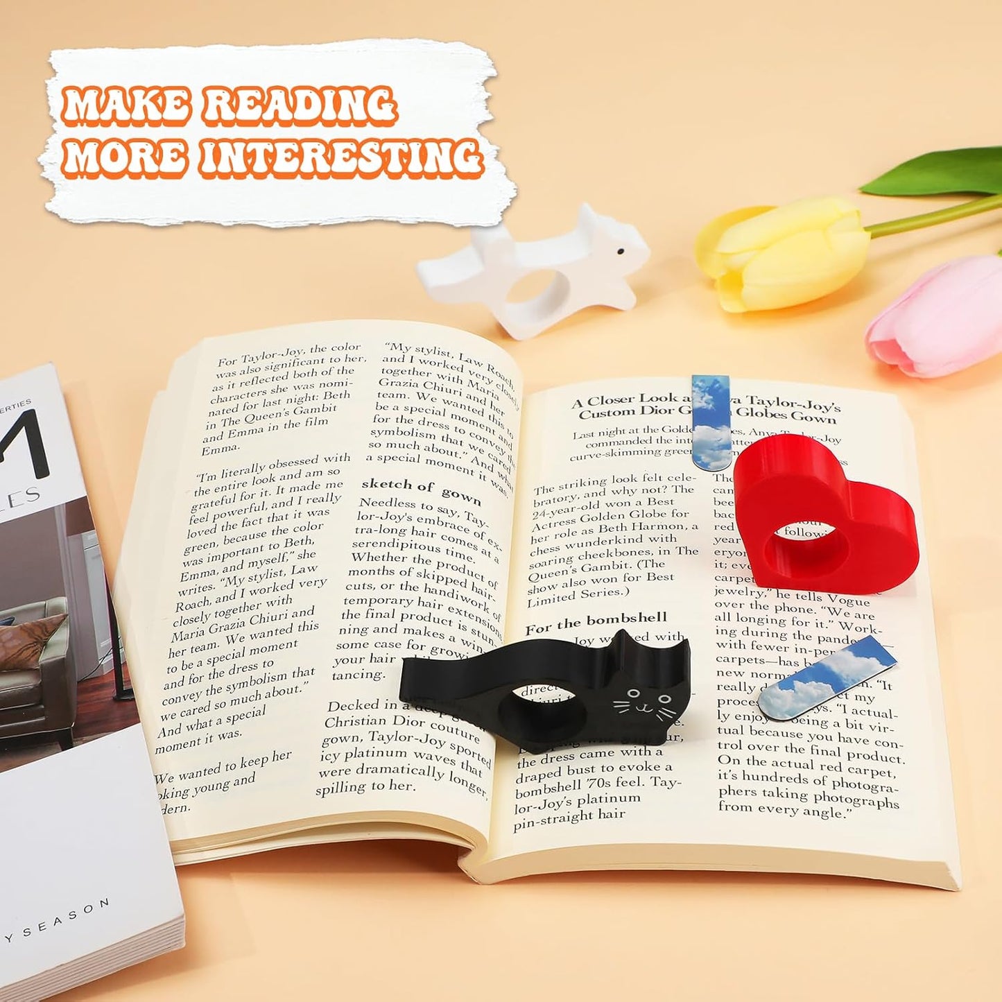 3D Printed Book Page Holder Set with Magnetic Bookmarks, Reading Aid, Relieve Hand Strain Black Cat White Dog Red Heart Design for Book Lovers Readers