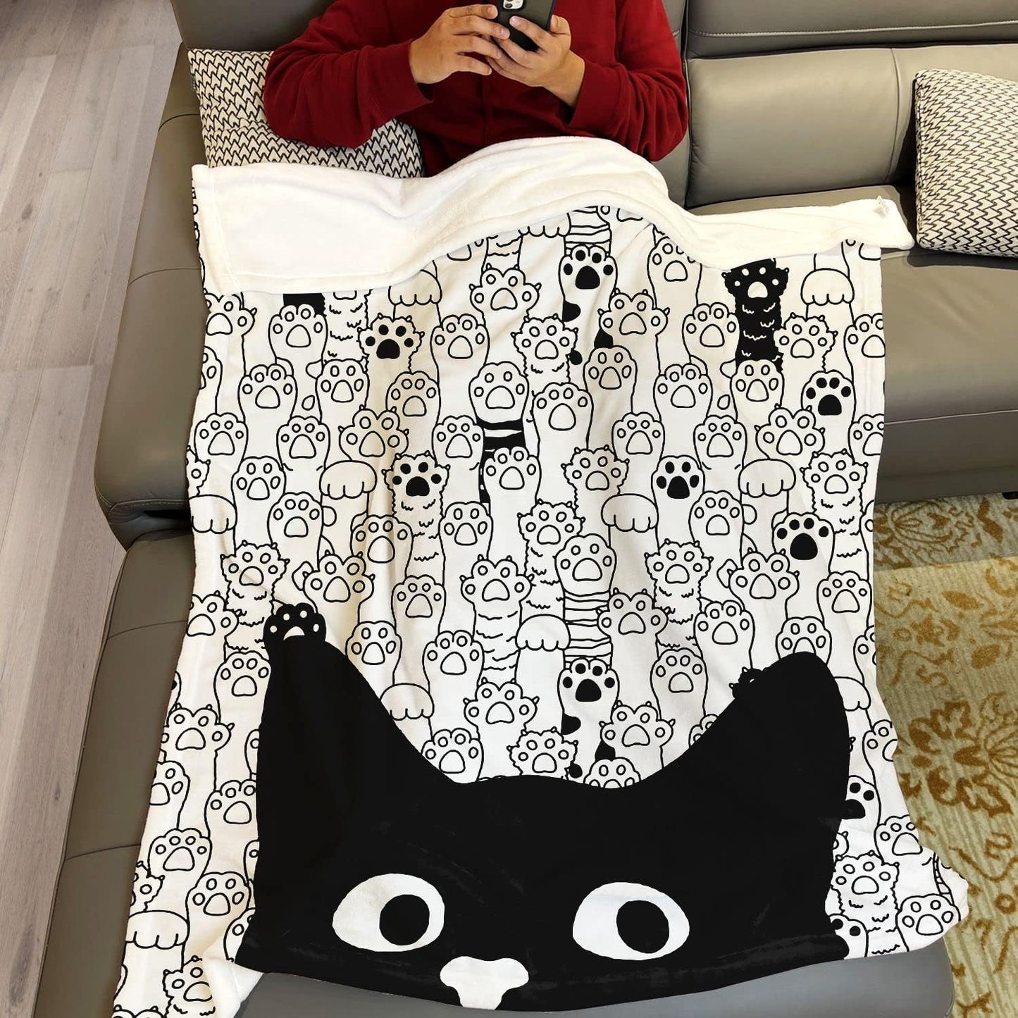 Cat Paw Throw Blanket Black Cat Pattern Paw Sketch Fleece Blanket Soft Warm Cozy for Kids Adult Gifts 60"x80"