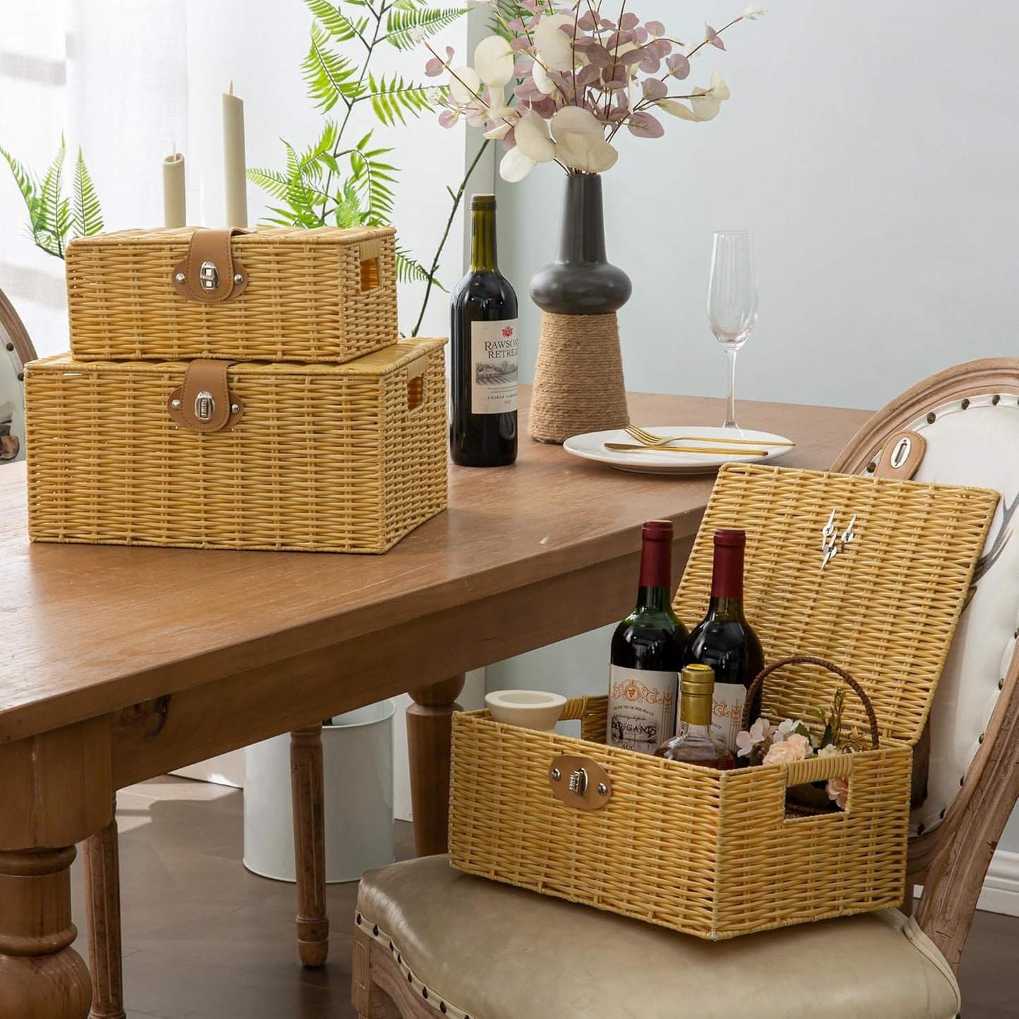 Wicker Storage Baskets with Lids, Set of 3 Decorative Storage Boxes For Organizing, Woven Baskets with Leather Lock and Handles (Beige)