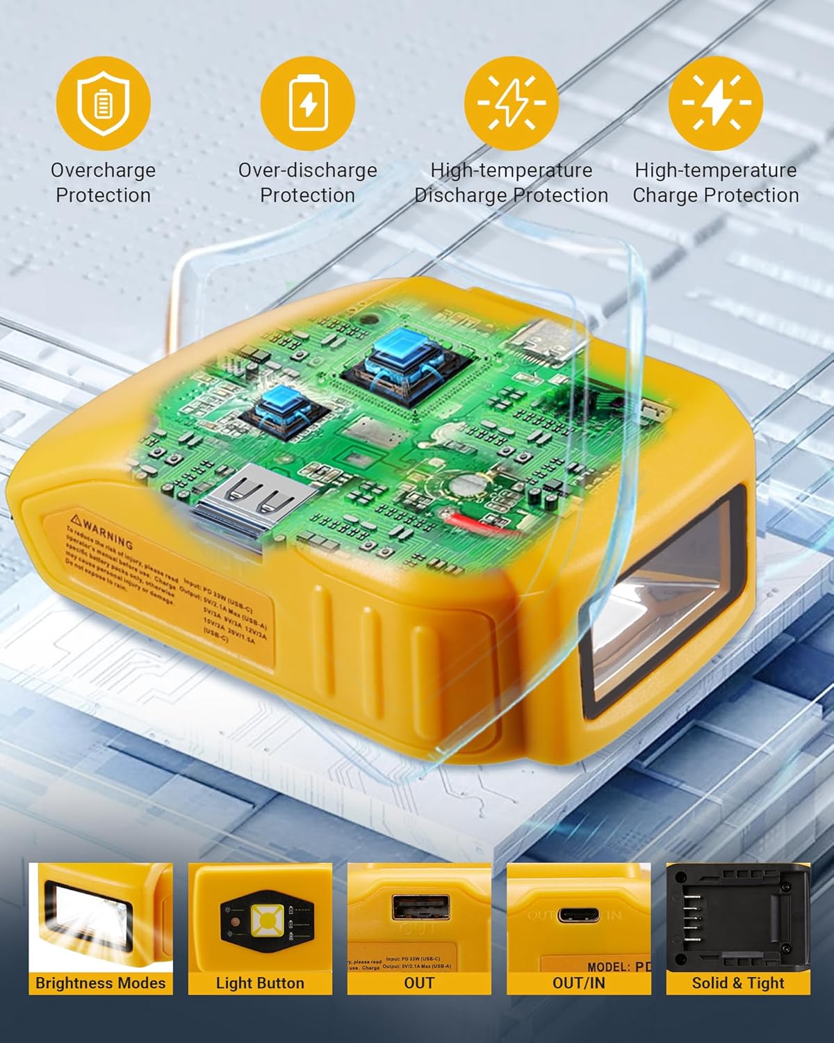 33W Portable USB Max Charger Adapter for Dewalt 20V/60V/18V/14.4V Battery, Compatible with Dewalt 20 Volt Battery with Type-C Fast Charging Input & USB Ports Output (USB Charger【LED Light】)