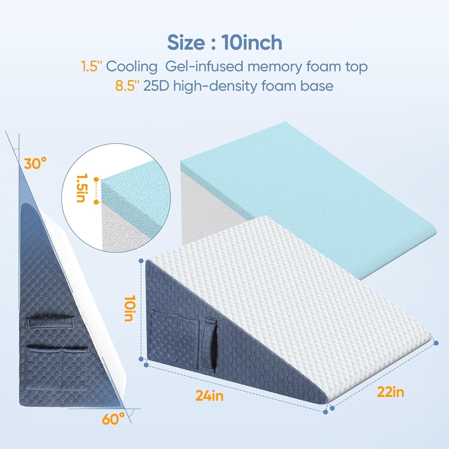 Wedge Pillow for Sleep, 10inch Bed Wedge Pillow for Headboard, Acid Reflux, Heartburn, GERD, Neck Pain, Cooling Memory Foam Top, Removable Washable Cover Triangle Pillow for Sleep