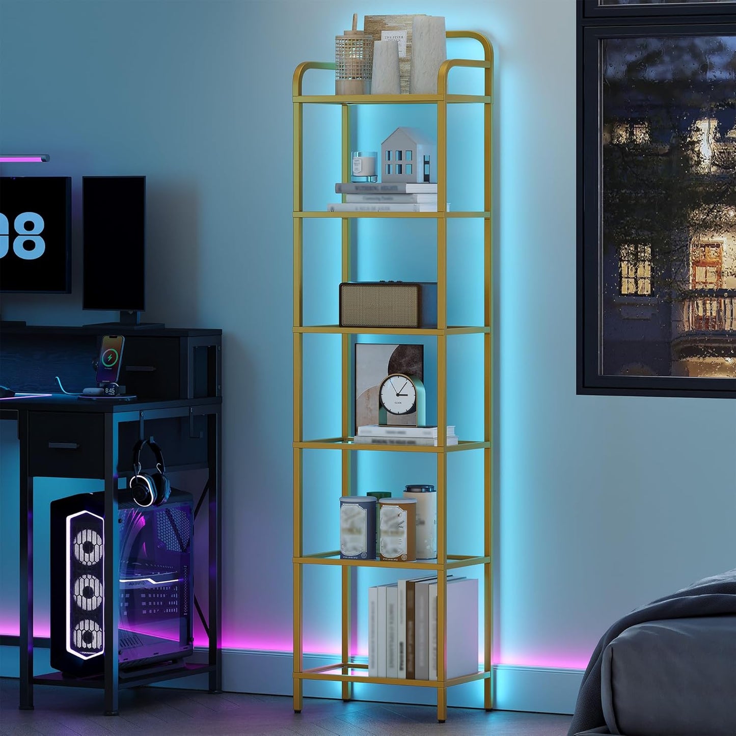 Bookshelf, Tall Narrow Bookcase with LED Lights, Tempered Glass Bookshelves with Steel Frame, Display Shelf, Slim Shelving Unit for Living Room, Bedroom, 9.6"D x 15.4"W x 66.5"H Gold BC34699G