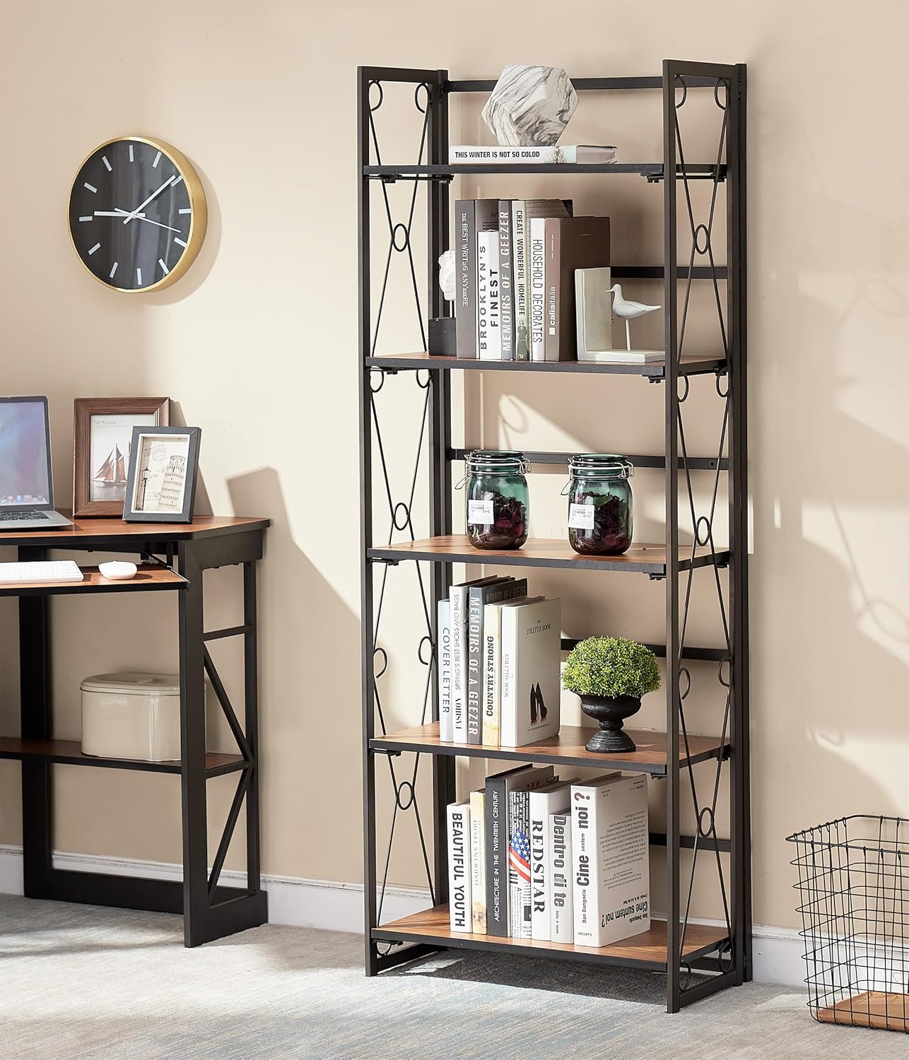 VECELO 5 Tier Bookshelf, Industrial Folding Bookcase with Metal Frames,Modern Standing Storage Rack Shelf Organizer for Home and Office,