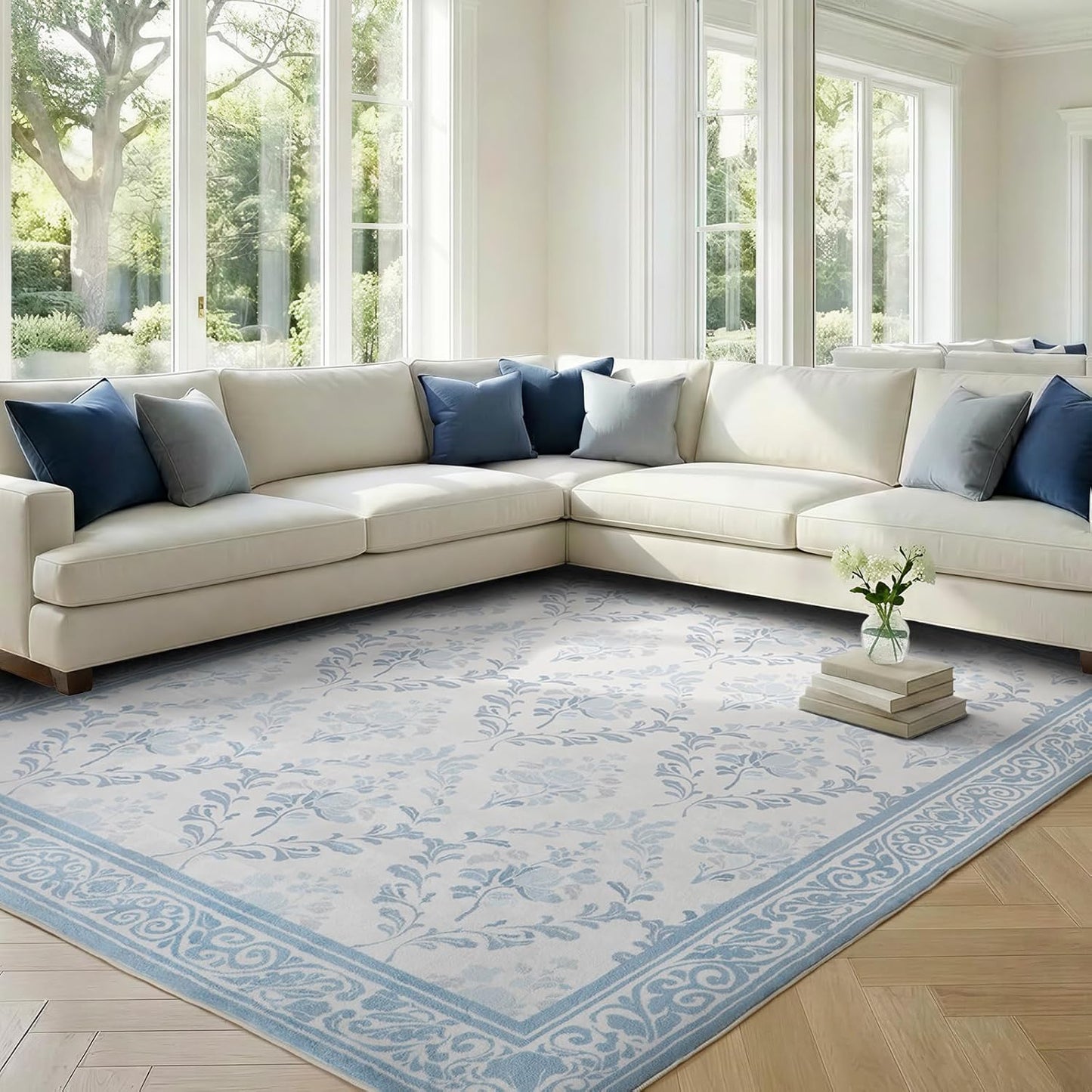 SOULFUL Medium Pile 3x5 Area Rug - Soft Underfoot Small Entryway Rug - Mist Blue Boho Floral - Washable Non-Slip - Perfect for Living Room Bedroom Foot Kids Room Reading Nook