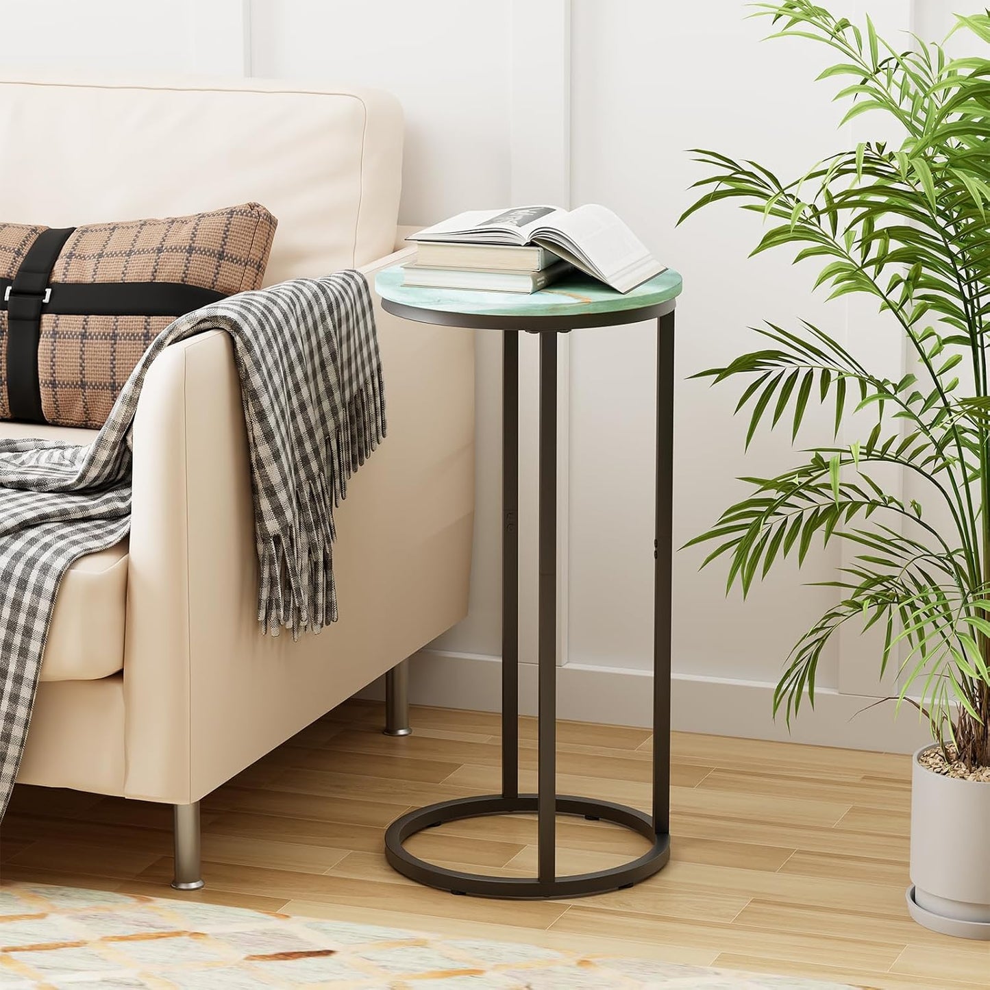 C Shaped end Table,Wood Round Side Table for Couch,Small Sofa Table with Metal Frame for Bedroom,Living Room,Bedside,Sea Blue(11.81" D x 11.81" W x 23.62" H)