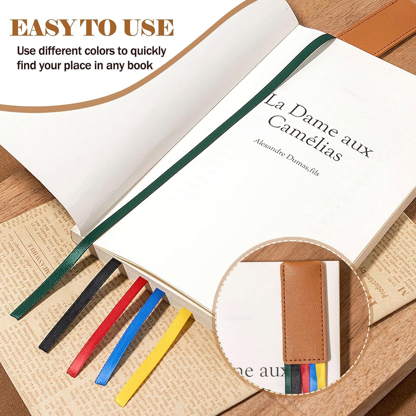 6 Pcs Multicolor Leather Ribbon Bookmark, Artificial Leather Bookmark with Colorful Ribbon for Bible Book Markers, Multi Page Marker Hold Clips into Book