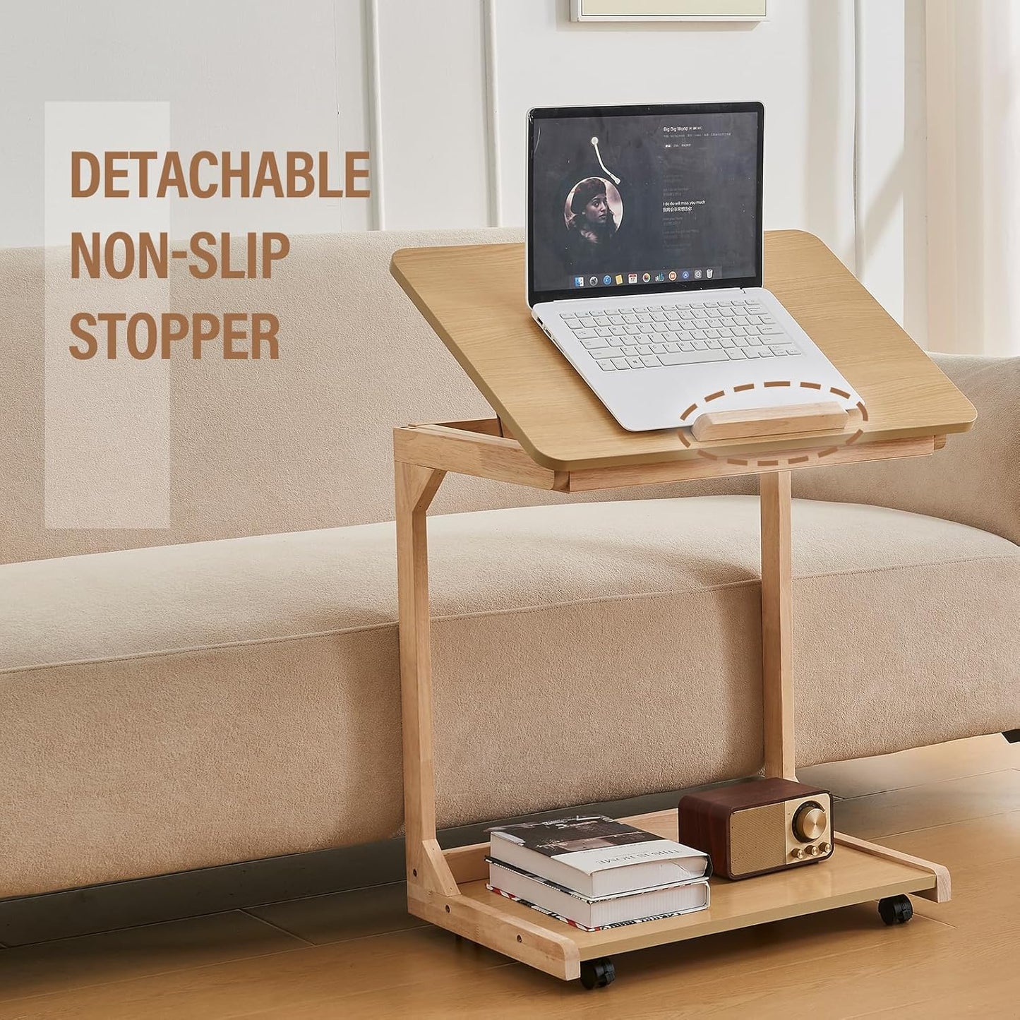 DUOMING Small Laptop Table with Wheels - Rolling Laptop Side Table Desk for Couch, Bedside Table Bedroom, Wooden TV Tray for Living Room, Natural