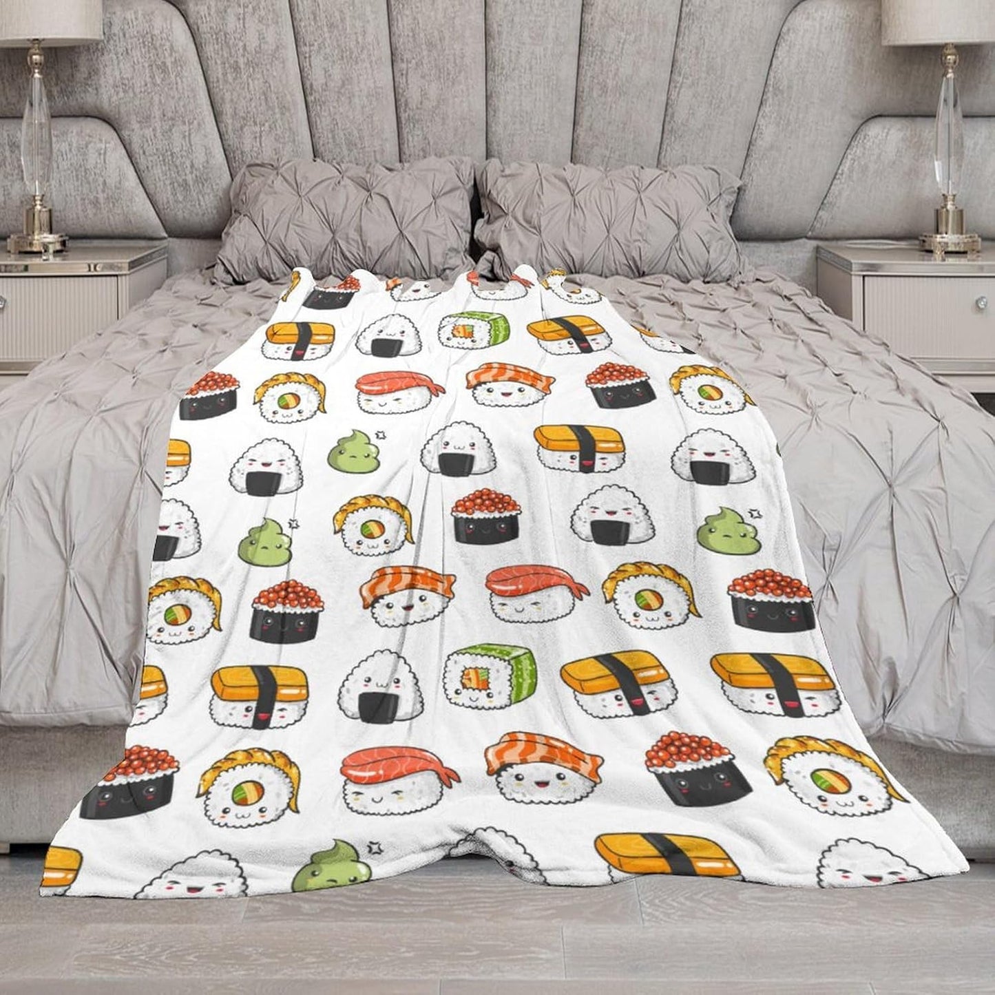 Cartoon Kawaii Sushi Super Soft Cozy Throw Blanket, Lightweight Fuzzy Comfy Flannel Blanket Warm Plush Throw Blankets for Couch, Sofa, Bed Travel and Camping Blanket Gifts 60"x50"