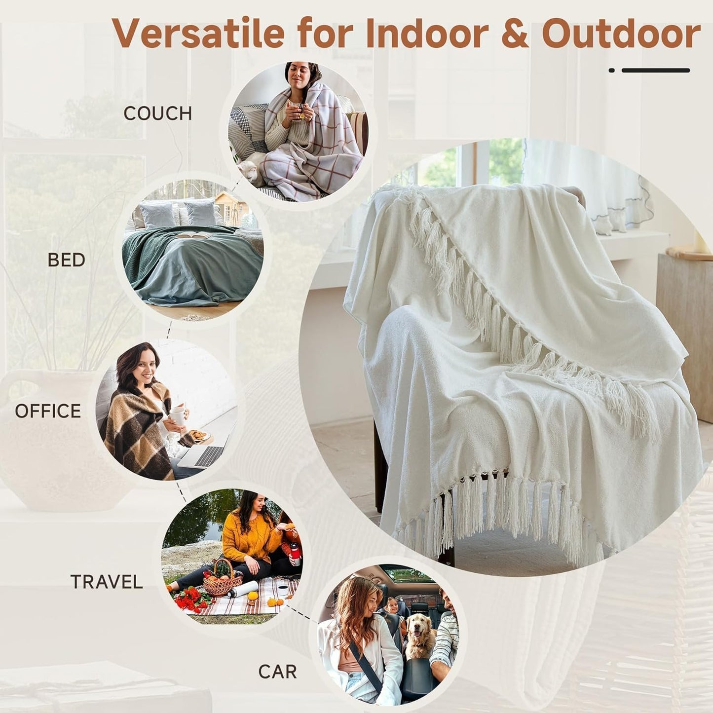 Simple&Opulence Soft Chenille Throw Blanket 50'' x 60'' - Cozy Fluffy Blanket with Fringe Tassel, Farmhouse Boho Blankets for Couch Bed Office Chair Gift Home Decor All Season Use, Cream