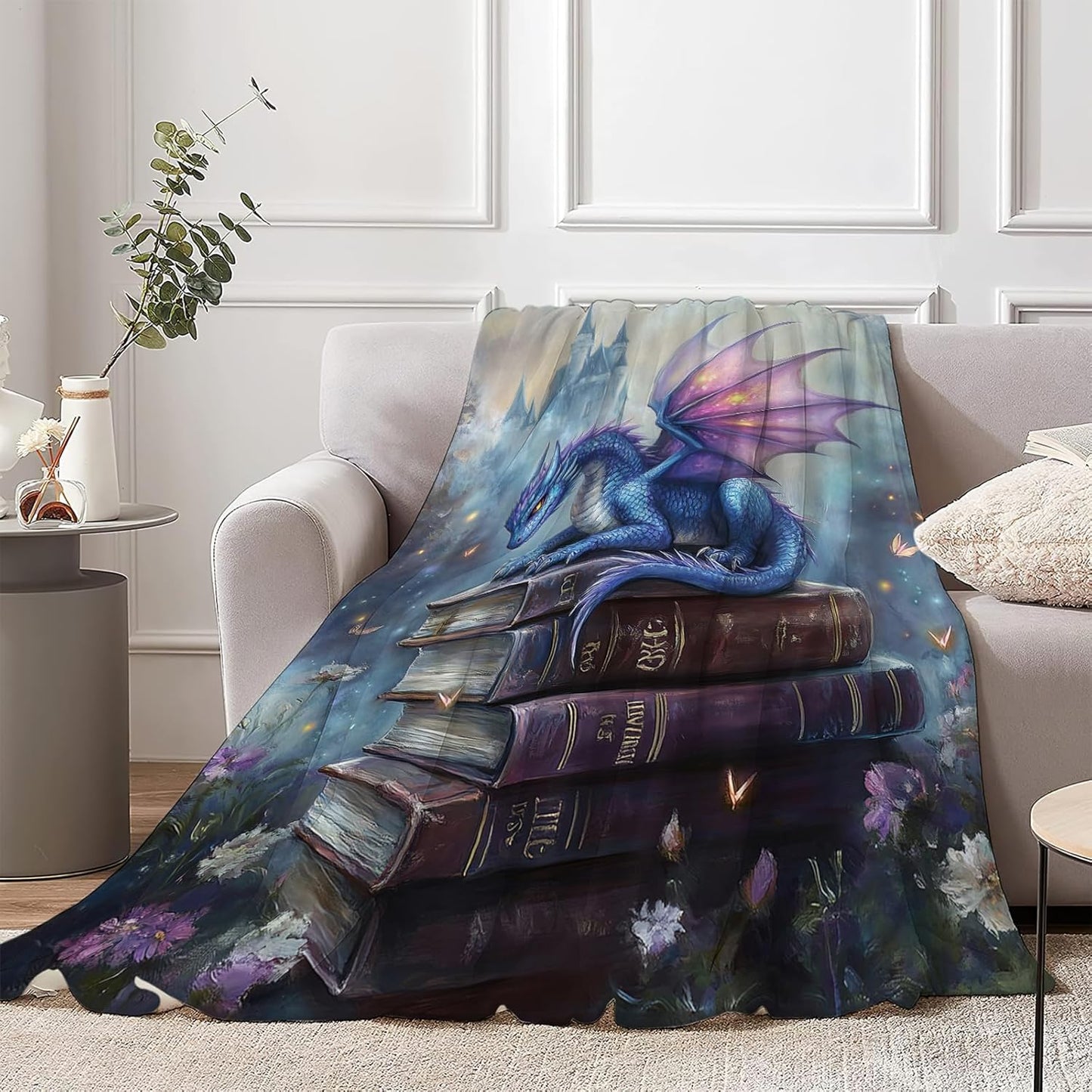 Dragon Blanket, Book Throw Blanket, Dragon Gifts, Reading Blankets, Dragons Stuff Fleece Flannel Plush for Women Men Boys Girls Lovers Adults Soft Bedding for Sofa Bed Office Home Decor 40"X50"