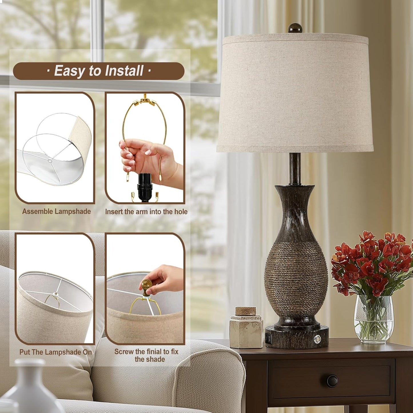 28" Rustic Farmhouse Lamps for Living Room Set of 2 Bedside Table Lamps for Bedroom Nightstand with USB A+C Charging Ports, 3-Way Dimmable Touch Lamp, Brown, Linen Lampshade, LED Bulbs Included