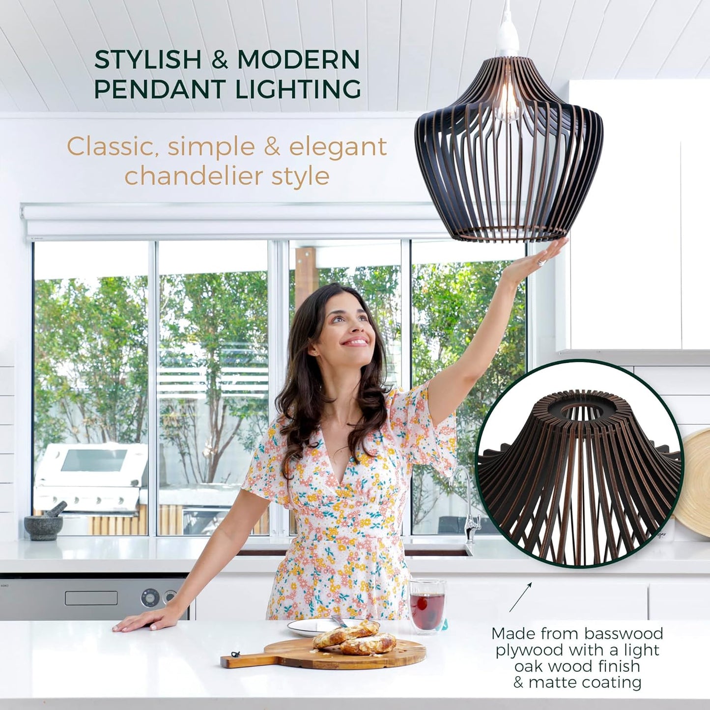 Wood Pendant Light - Easy-to-Assemble Ceiling Chandelier - Modern Boho Hanging Lamp Lighting Fixture for Dining, Kitchen, Bedroom, Living Room - Adjustable Nylon Cord, Uses Standard Bulb