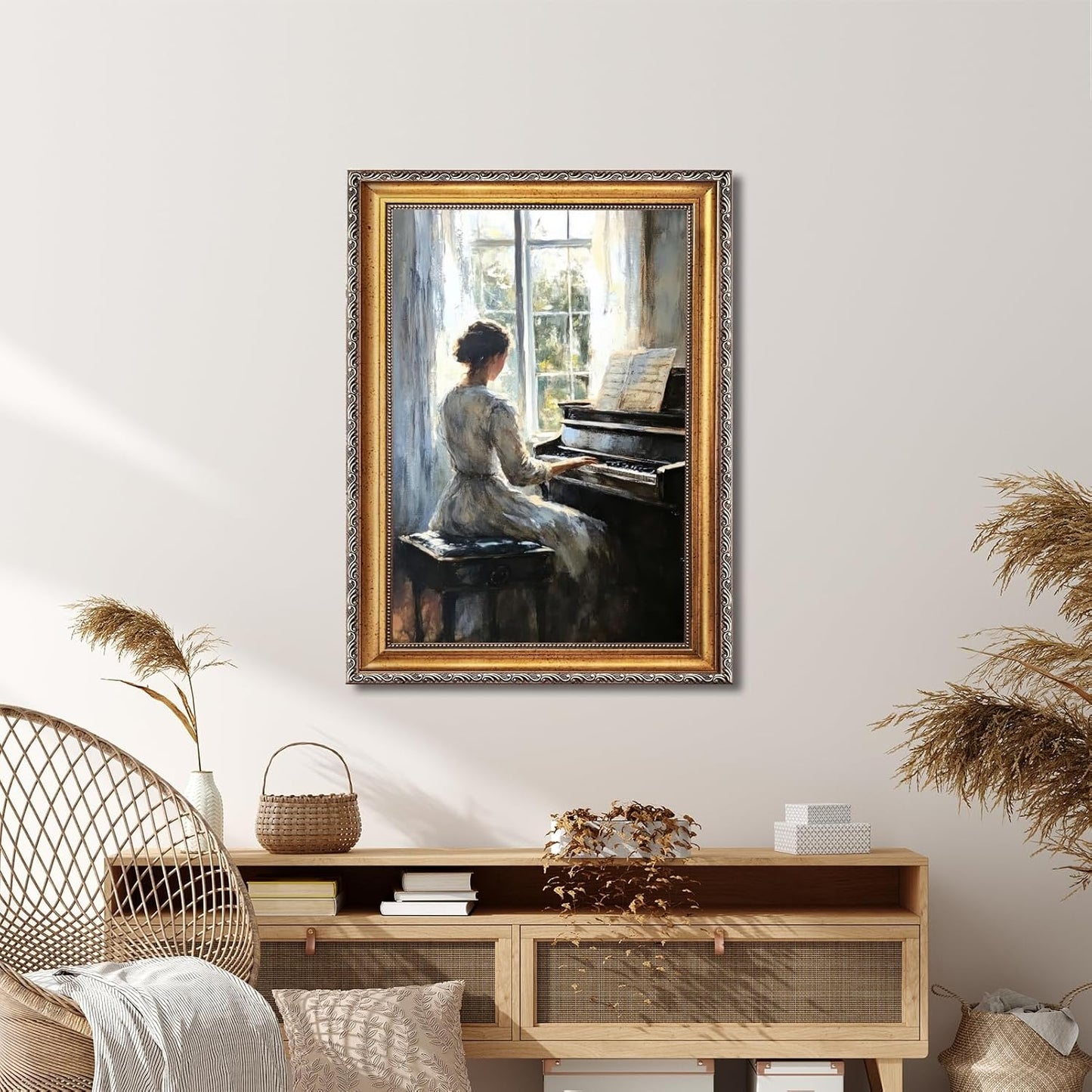 Large Framed Woman Playing Piano by the Window Canvas Wall Art Vintage Elegant Lady Oil Painting Poster Classical Music Artwork Print Impressionist Cottage Decor for Bedroom Home 24x36inch