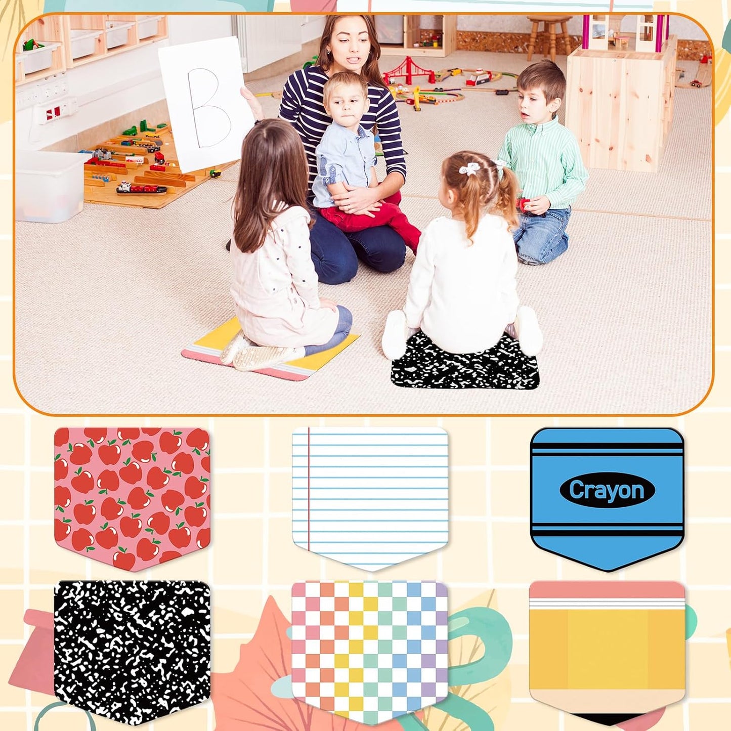 JarThenaAMCS 12Pcs Back to School Carpet Seats Crayon Composition Notebook Apples Checkered Pencil Floor Rug Mats for Classroom Group Activity Learning Play Areas