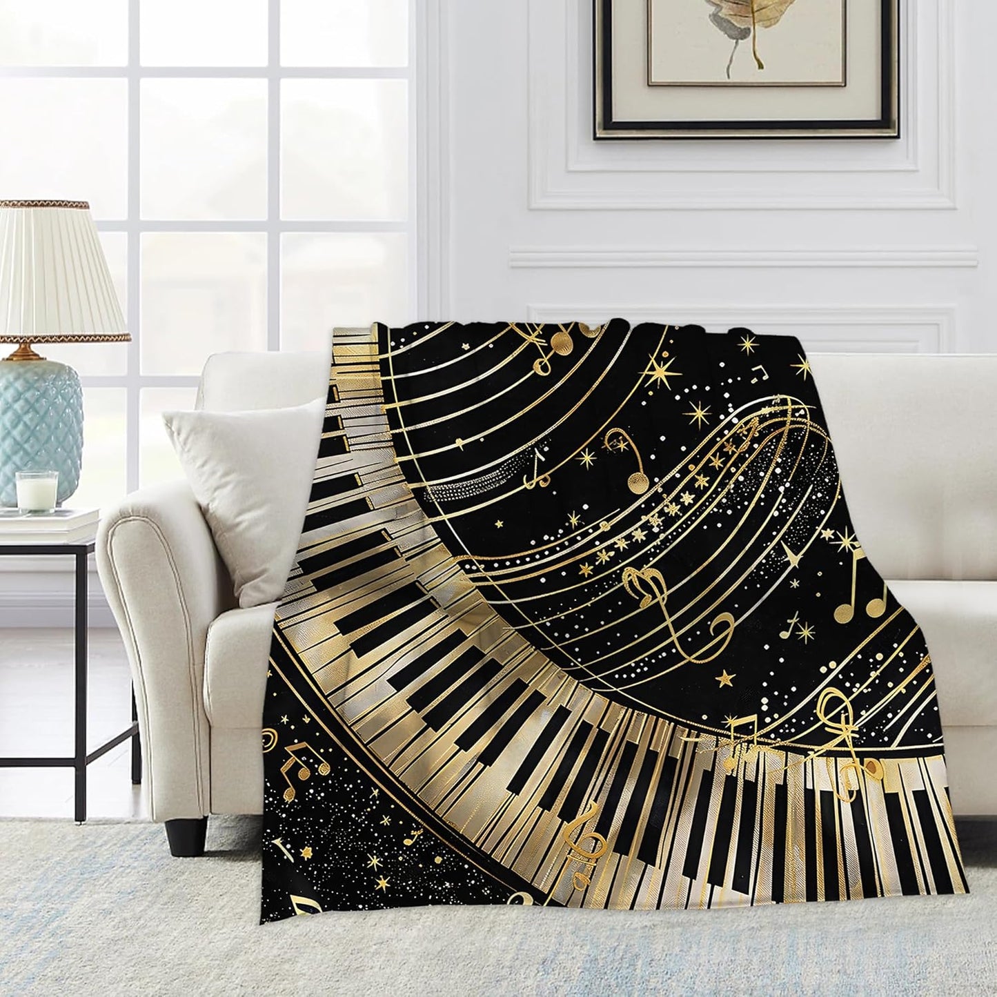 Piano Notes Throw Blanket, Black Gold Blanket Throw for Adults, Lightweight Soft Cozy Blanket for Couch Sofa Bed Room Decor 50x60 Inches