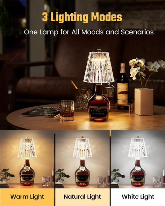 Wireless Bottle Lamp USB Rechargeable with Crystal Lampshade, 3-Color Touch Control Bottle Light Smooth Dimming, Wine Bottle Lamp for Bar Décor, Home, Kitchen & Party Lighting, 2-Pack