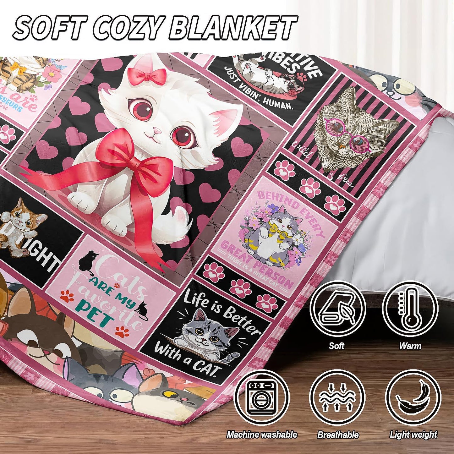 Cat Throw Blanket, Cute Kitten Quotes Collage, Soft Cozy Fleece Blanket for Couch Bed, 60 x 80 Inches