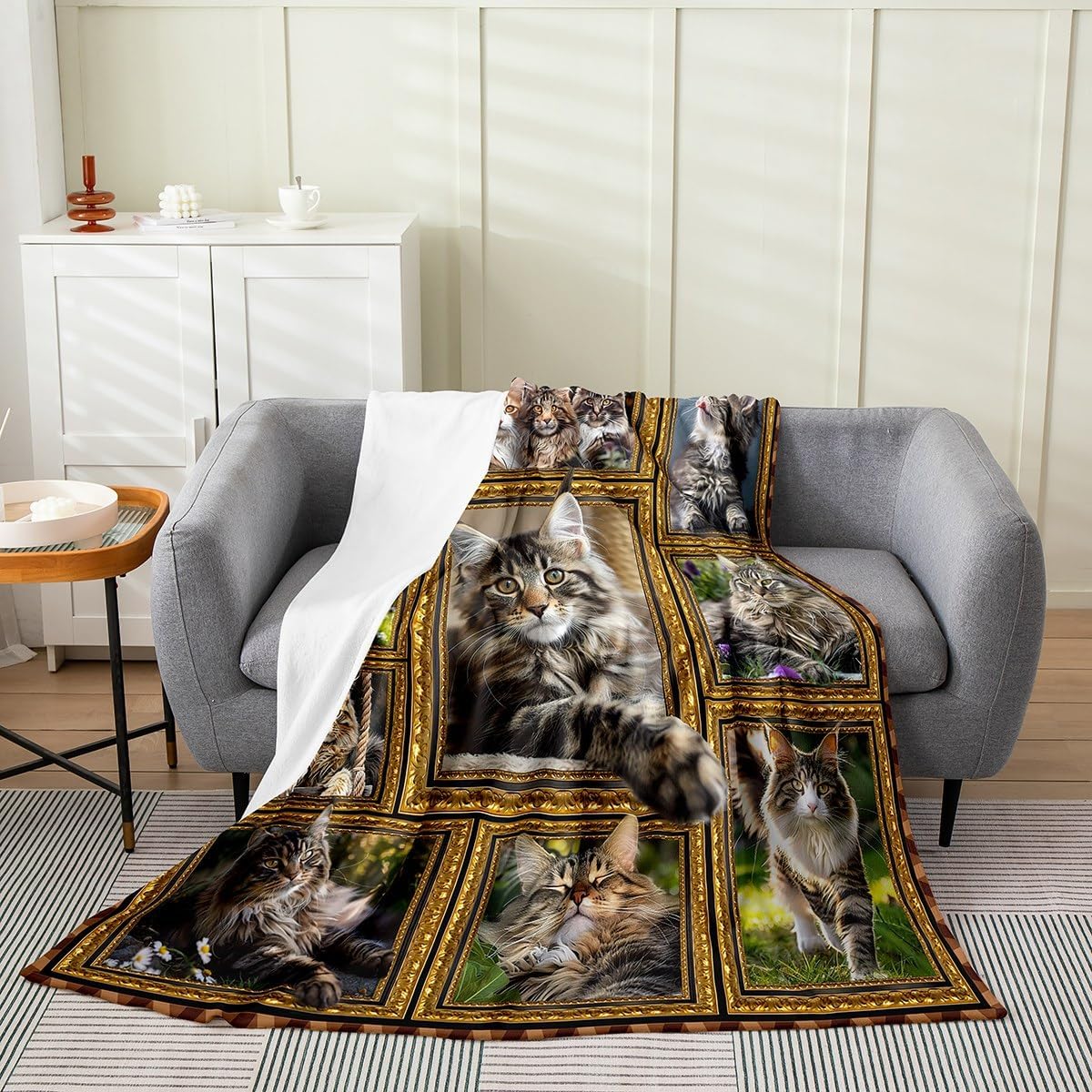 Feelyou Maine Coon Fleece Throw Blanket for Sofa Couch Cute Cat All Season Bed Blanket Throw 50"x60" Kawaii Kitten Pet Fuzzy Blanket Gift for Maine Coon Lover Fuzzy Blanket Flannal Blanket