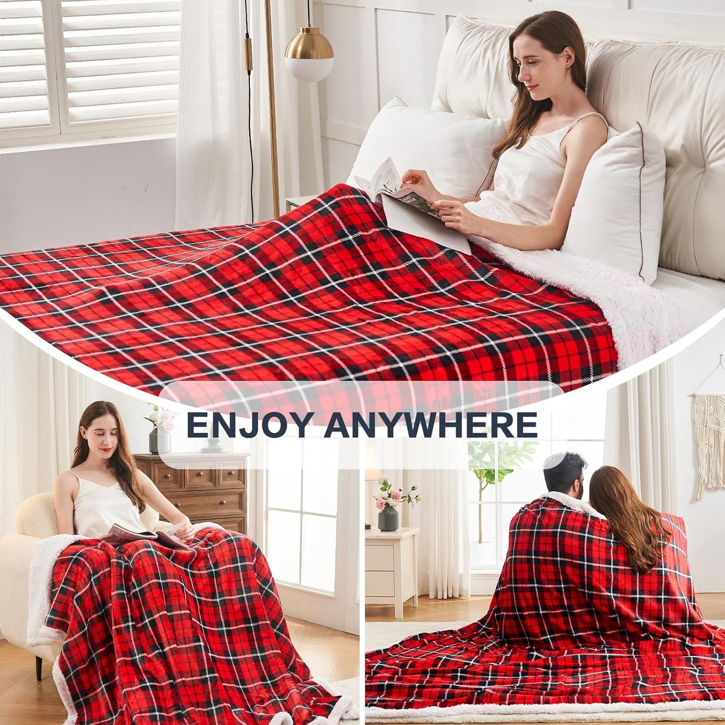 OCTROT Sherpa Fleece Blanket,Checkered Red Throw Blanket for Women Mom Girls Grandma Dad, Soft Winter Warm Plaid Thick Blankets for Cozy Home Decor,Couch,Bed,Camping,50x60 Inches