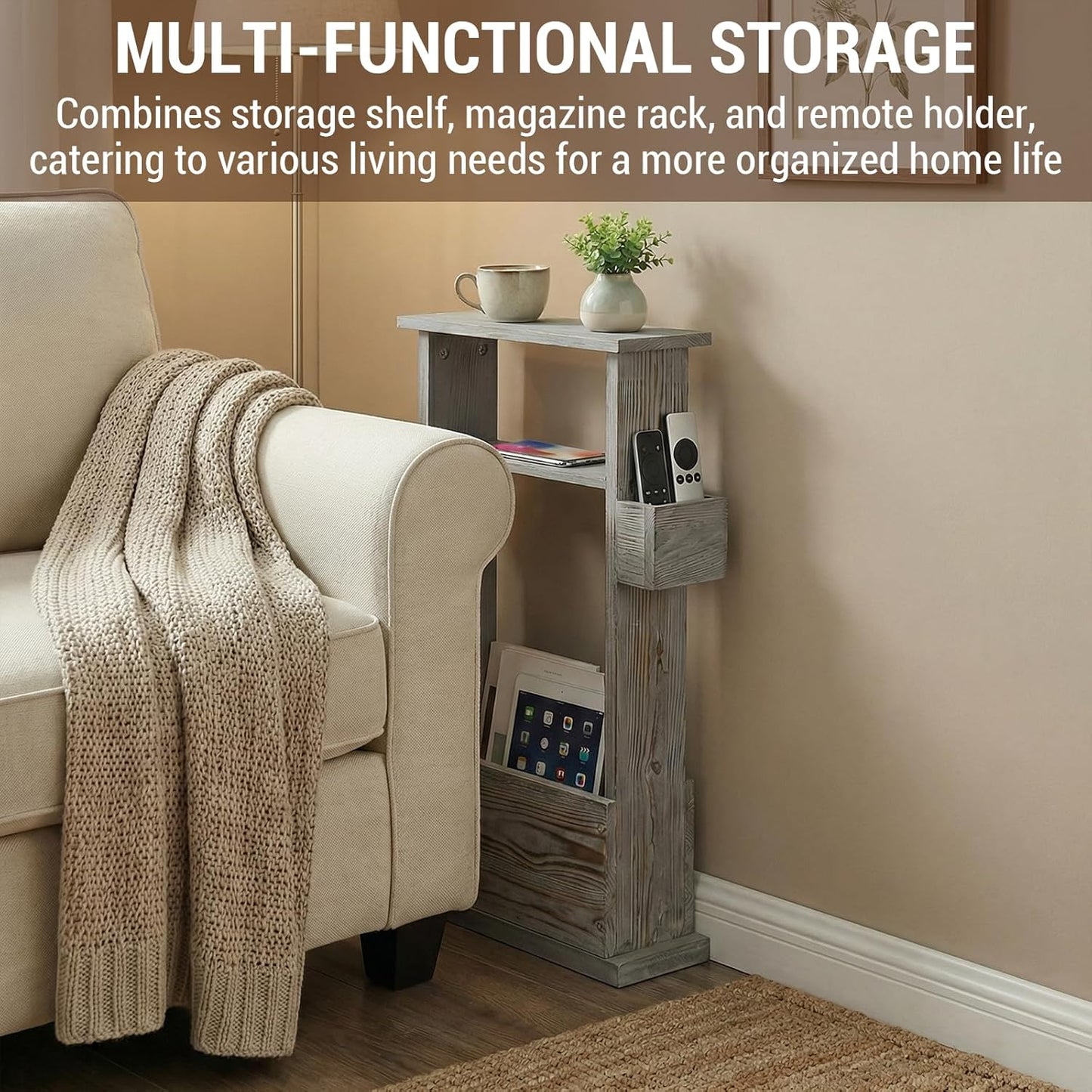 MyGift Narrow Side Table, Slim End Sofa Table in Vintage Gray Wood with Storage Shelf, Magazine and Remote Holder