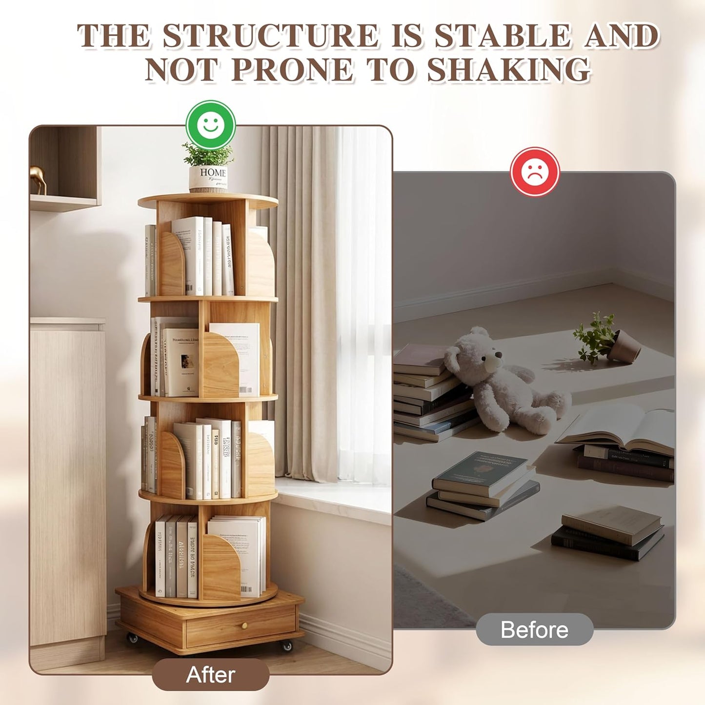 5-Tier 360° Rotating Bookshelf with Lockable Wheels & Drawer, Space-Saving Corner Unit, Holds 50 Books/Tier & Adjustable Height, Natural Wood MDF Storage for Bedroom, Office, Living Room