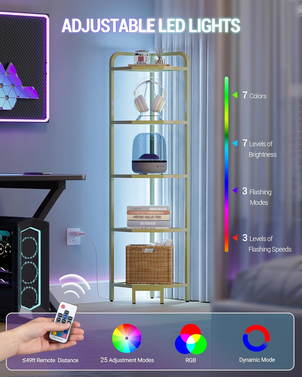 Corner Shelf with LED Lighting, 5-Tier Glass Bookshelf, Steel Frame, Tempered Glass, Modern Style Corner Shelf, Suitable for Living Room, Bedroom and Game Room, Gold CS09599G