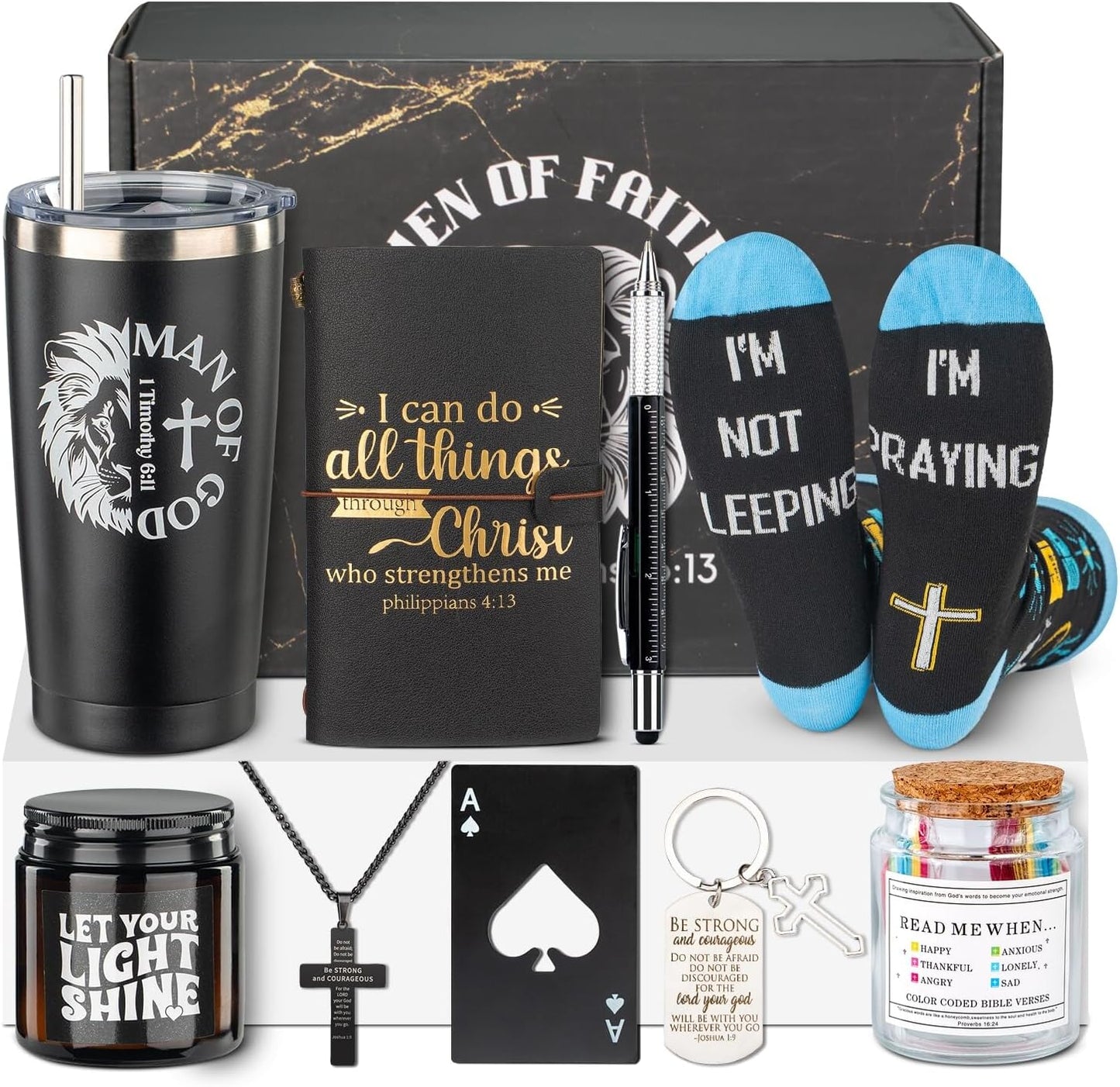 Christian Gifts For Men, Mens Easter Basket Stuffers, Catholic & Religious Gift For Men, God, Jesus, Faith Based Gifts With Prayer Jar, Bible Notebook, Encouragement Church Gifts For Pastor, Dad, Son