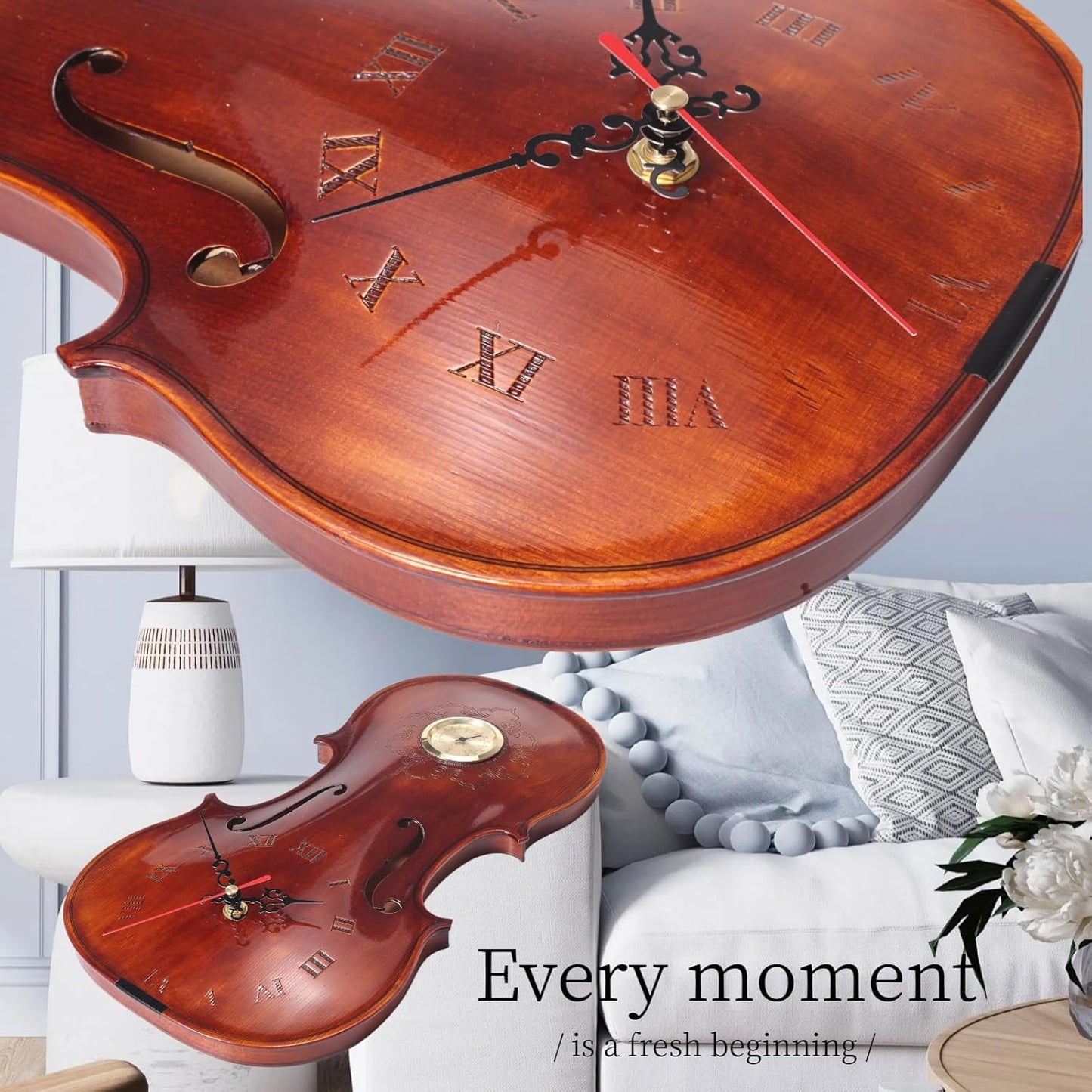 Handcrafted Solid Wood Violin Wall Clock with Thermometer & Hygrometer | Unique Musical Gift for Musicians, Mercury-Free Indoor Temperature Gauge, Analog Quartz Timepiece (Thermometer Clock)