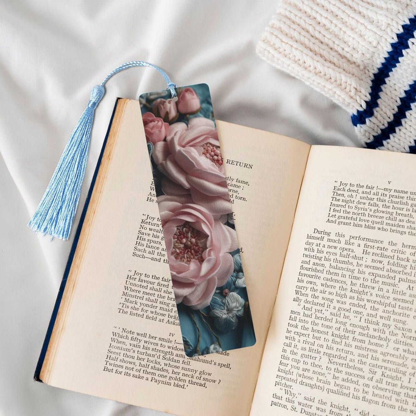 Luxurious Fabrics Bookmarks Gifts for Women Men, Wooden Bookmarks for Book Lovers, Vintage Book Marks Ornaments with Tassel, Unique Personalized Reading Page Markers Sky Blue