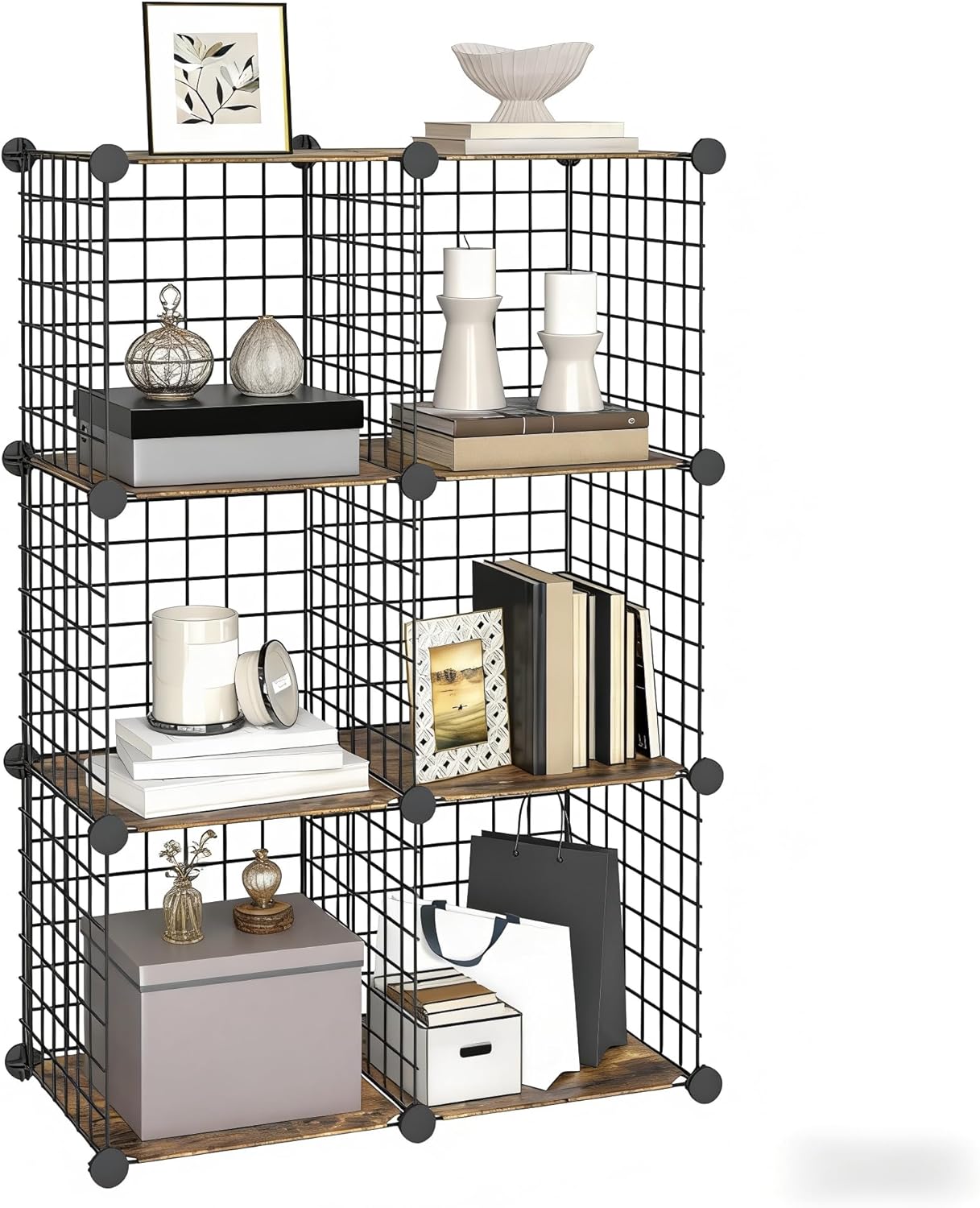 HOOBRO Wire Cube Storage Organizer, 6-Cube Shelves, Modular Shelves with Metal Grid, DIY Closet Cabinet for Living Room, Bedroom, Rustic Brown and Black BF06CW01
