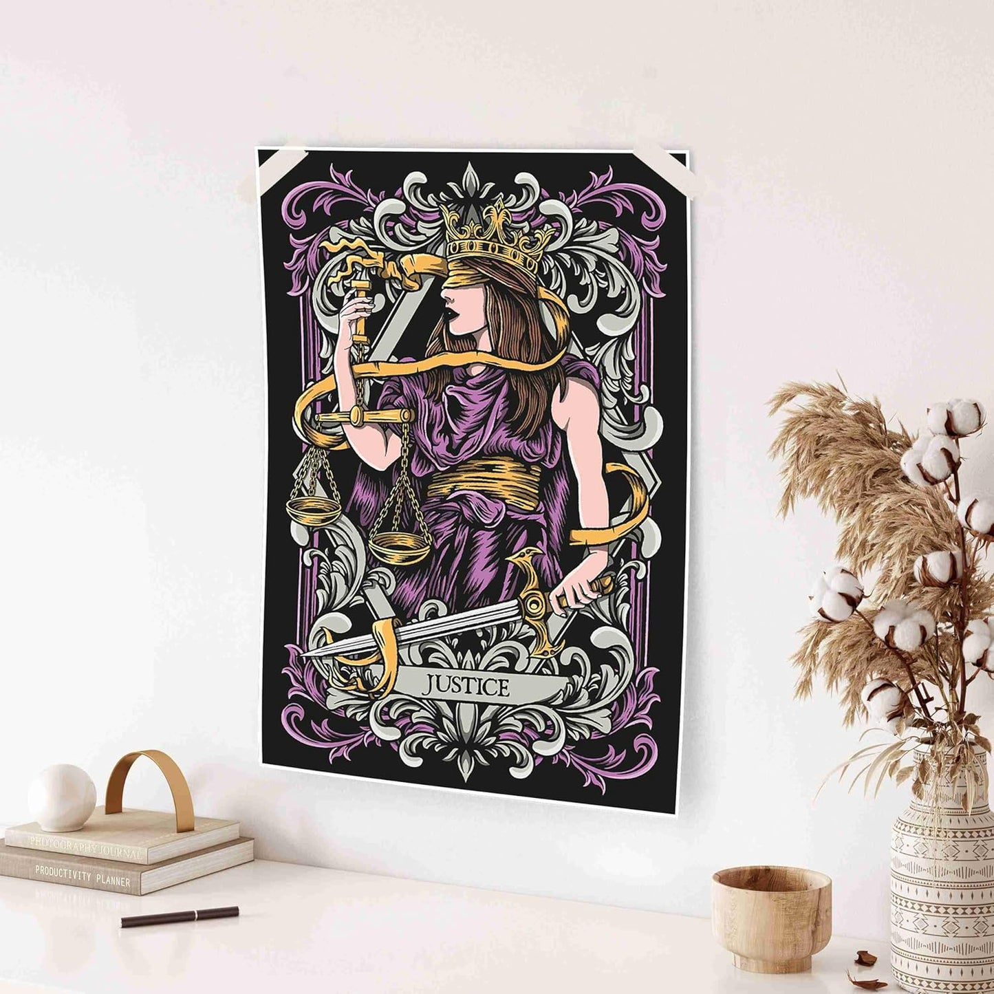 Gothic Justice Tarot Card Art Print, Medieval Fantasy Wall Decor, Alternative Mystical Witch Vintage Gothic Tarot Poster Home Decor Gift(L18 xW12-CANVAS)