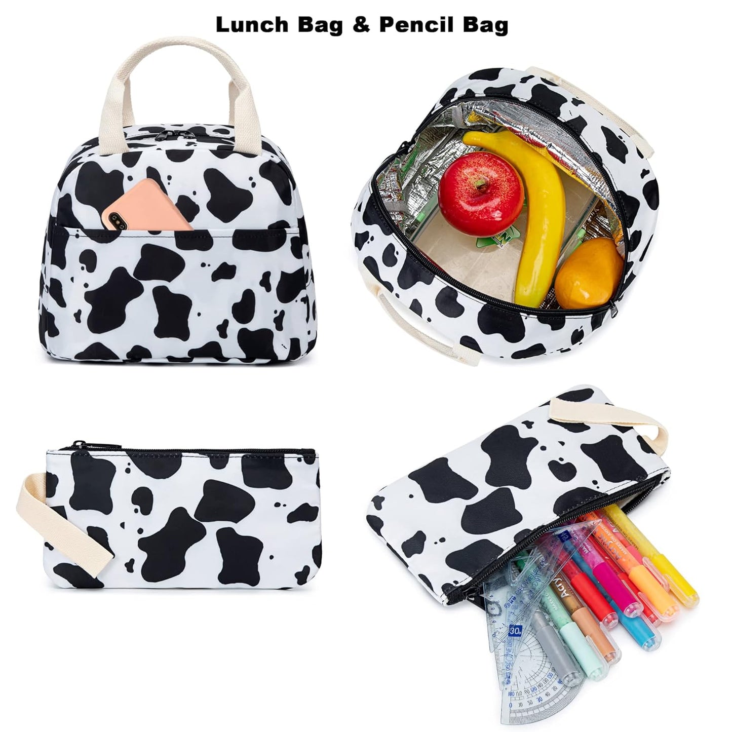 Cow Print Girls School Backpack for Kids Teens, Elementary Middle School Backpacks Bookbag Set with Lunch Bag Pencil Case