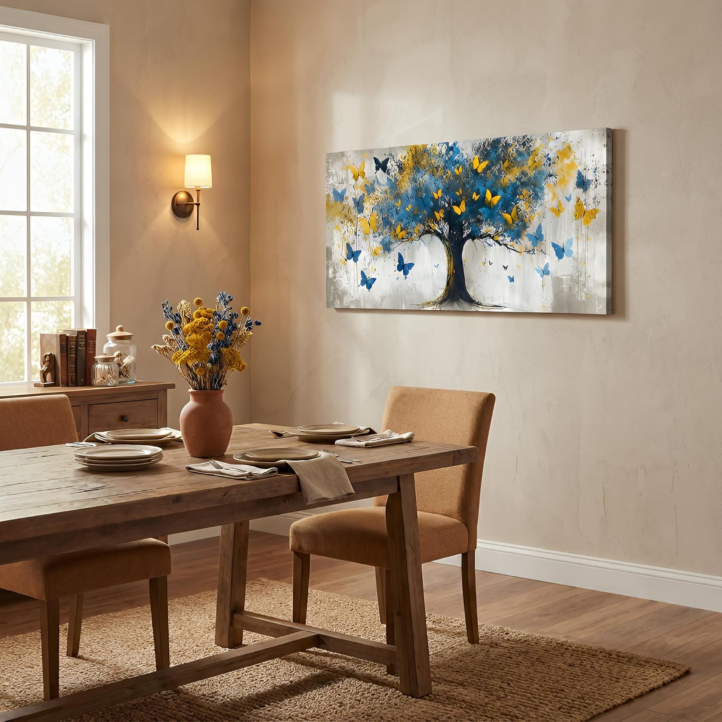 Tree Of Life Canvas Wall Art Vibrant Flower Tree Wall Decor Picture Modern Panoramic Butterfly Poster Print Artwork for Living Room Bedroom Bathroom Office Home Paintings Decoration Prepare To Hang