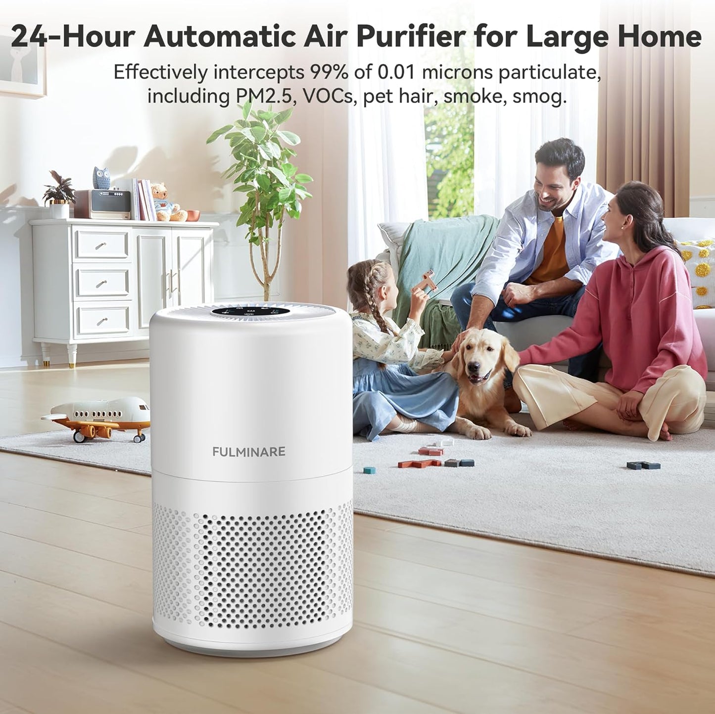 FULMINARE Air Purifiers for Home Bedroom 1095 Ft² Coverage HEPA Air Purifier for Large Room for Pets, Smoke, Kitchen, Office, 3 Speeds, Timer, Quiet, Auto Variable Frequency, Sleep Mode, White