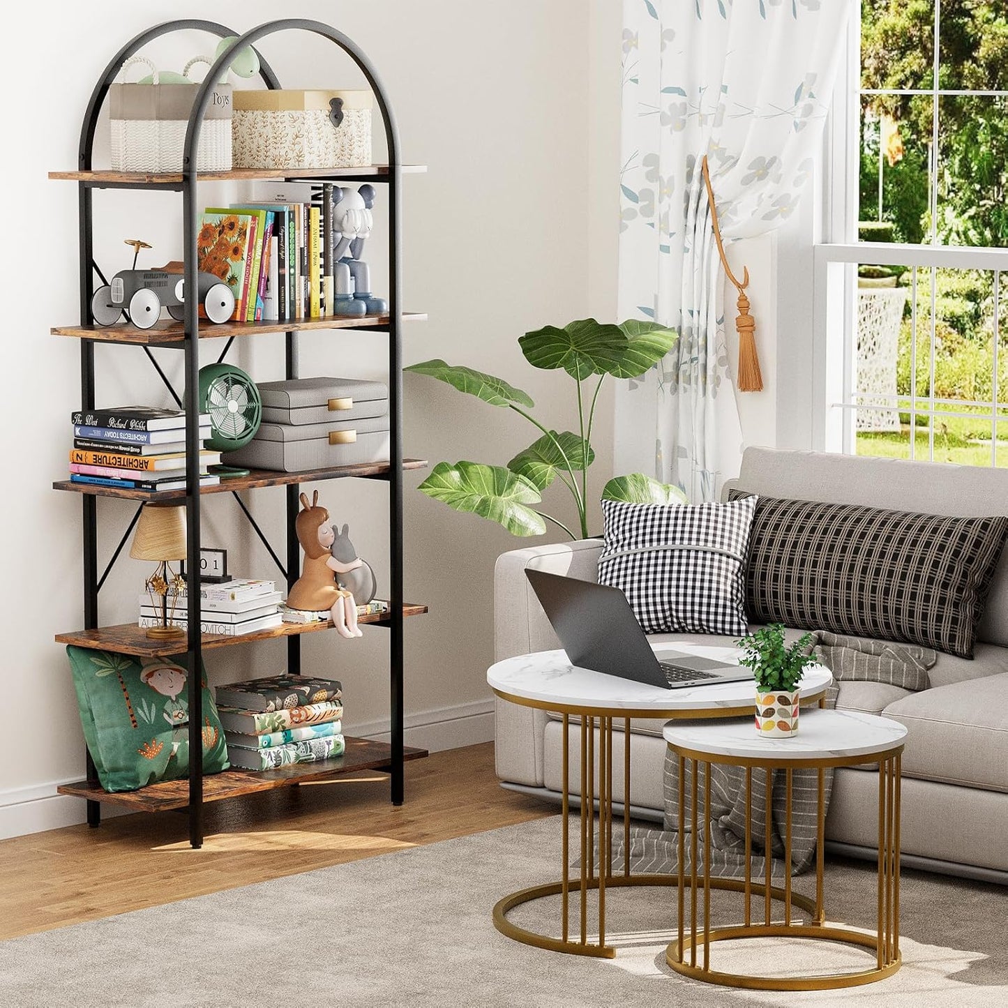 Arched Bookshelf 5 Tier Book Shelf, 31.5 Inch Width Industrial Arch Bookcase, Curved Tall Bookshelf with Open Shelves for Home Office, Living Room, Bedroom, Rustic Brown