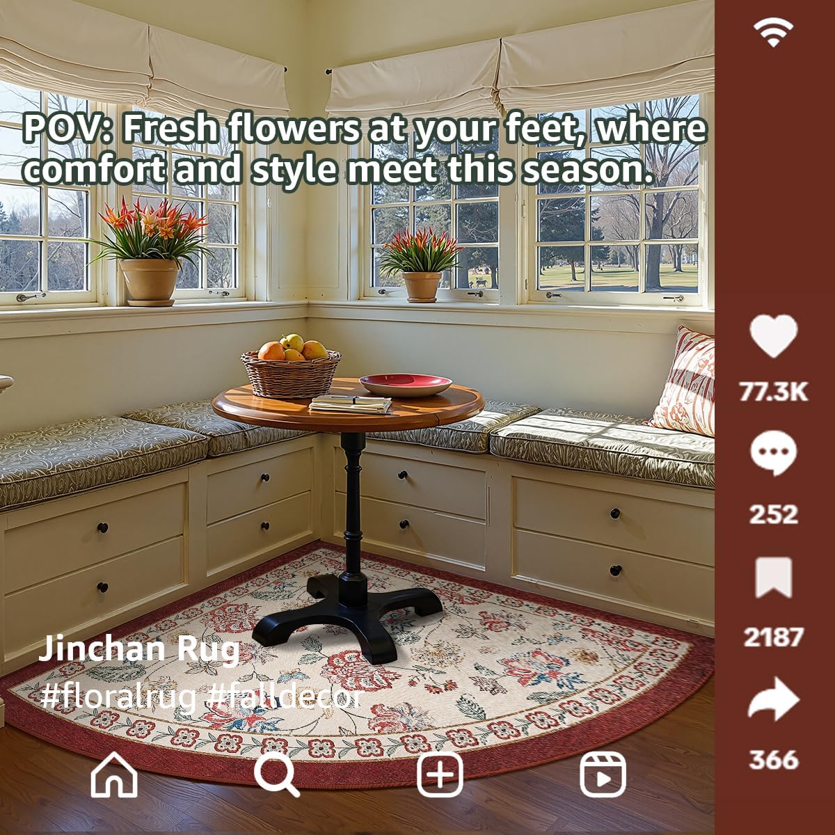 jinchan Elora Floral Corner Rug for Kitchen Washable Nursery Rug Vintage Romance Design Non Slip Quarter Circle Lightweight Low-Pile Throw Carpet for Playroom Reading Nook Office 5ft Radius, Red/Beige