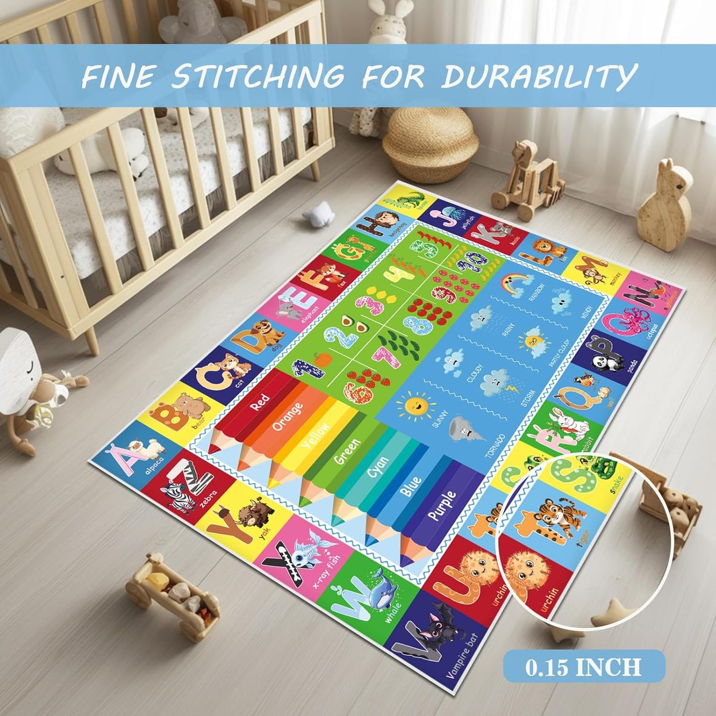 Baby Play Mat, ABC Rug for Kids Playroom, Non Slip Washable Toddler Floor Mat, Alphabet Numbers Colors Weather Learning Classroom Rug for Nursery or Preschool, 5x7 ft