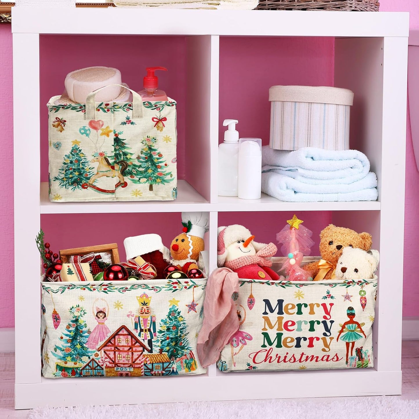 3 Pcs Christmas Nutcracker Baskets for Gifts Empty Christmas Tree Ballet Girl Soldier Storage Bin with Handle Fabric Storage Container Cube Box for Home Office Dorm Closet Shelf Organizer