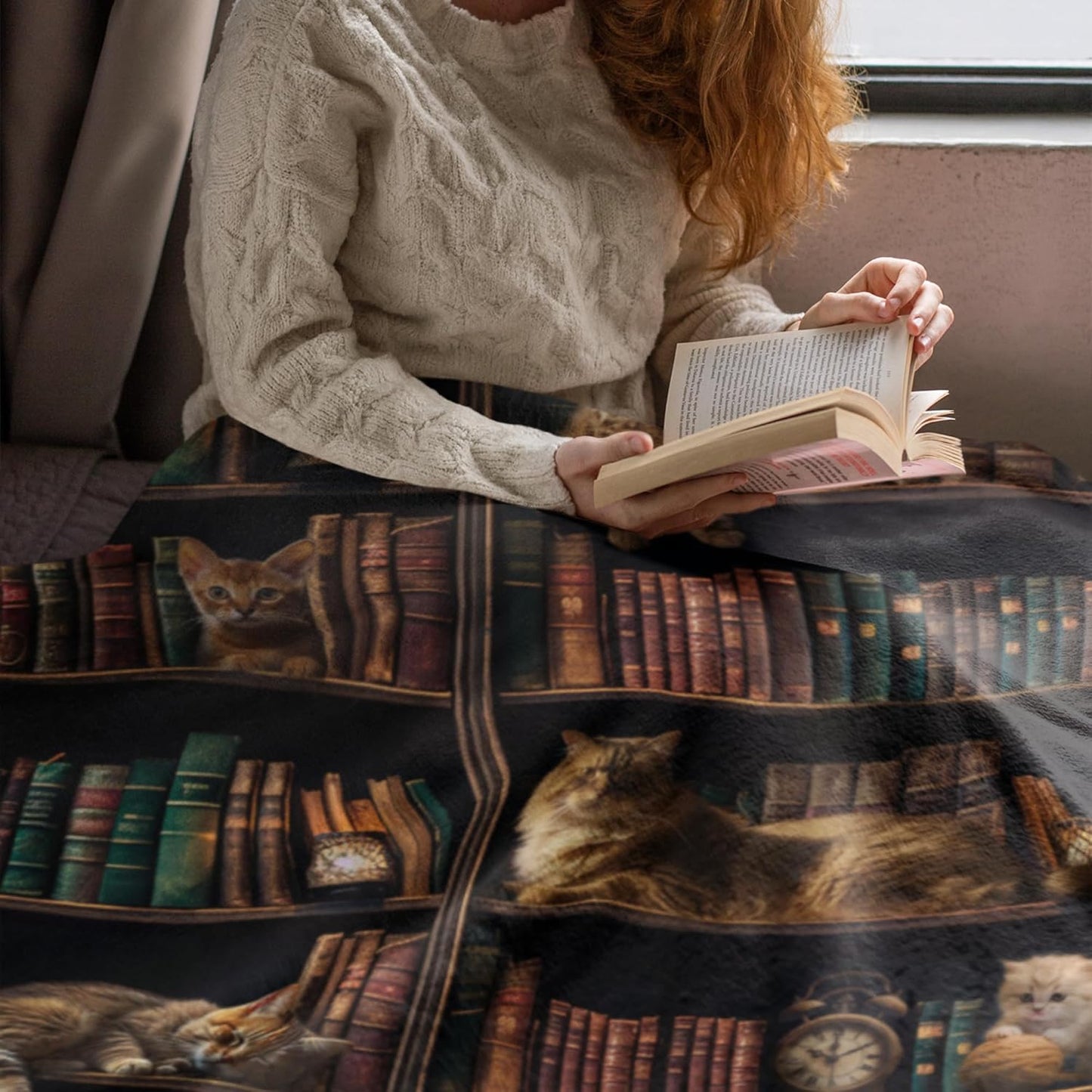 Cozy Book Blanket 50x60, Reading Throw for Readers, Book Lovers Gifts for Women, Reader Gifts, Bookish Present, Librarian Gift, Bookworm Idea, Couch Bed Decor, Vintage Library Bookshelf Cats Print