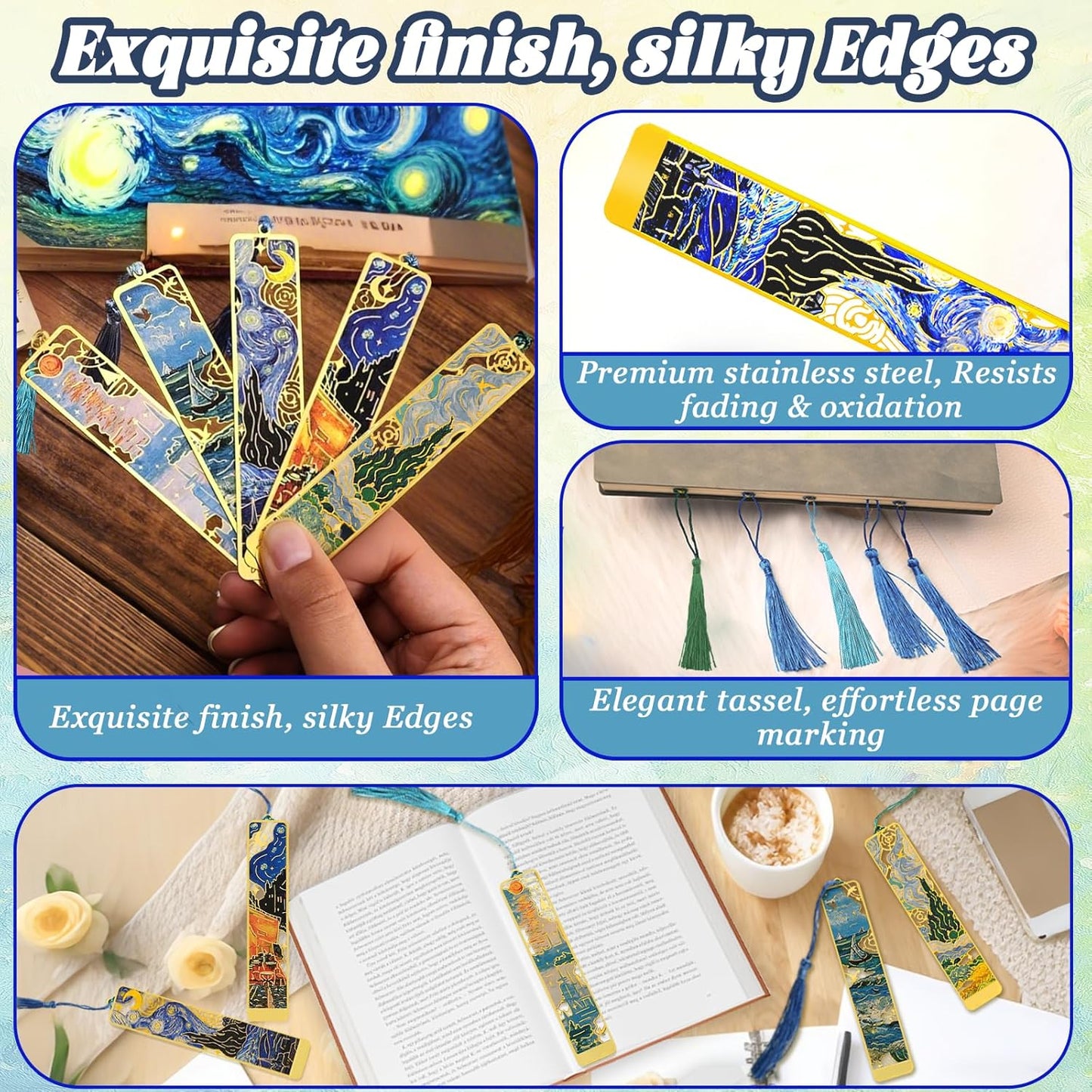 5 Pcs Metal Bookmarks with Tassel, Oil Painting Scenery Theme Exquisite Bookmarks, Book Accessories Gifts for Book Lovers Writers Readers Children Teens Men Women Adults (Scenery-5pcs)