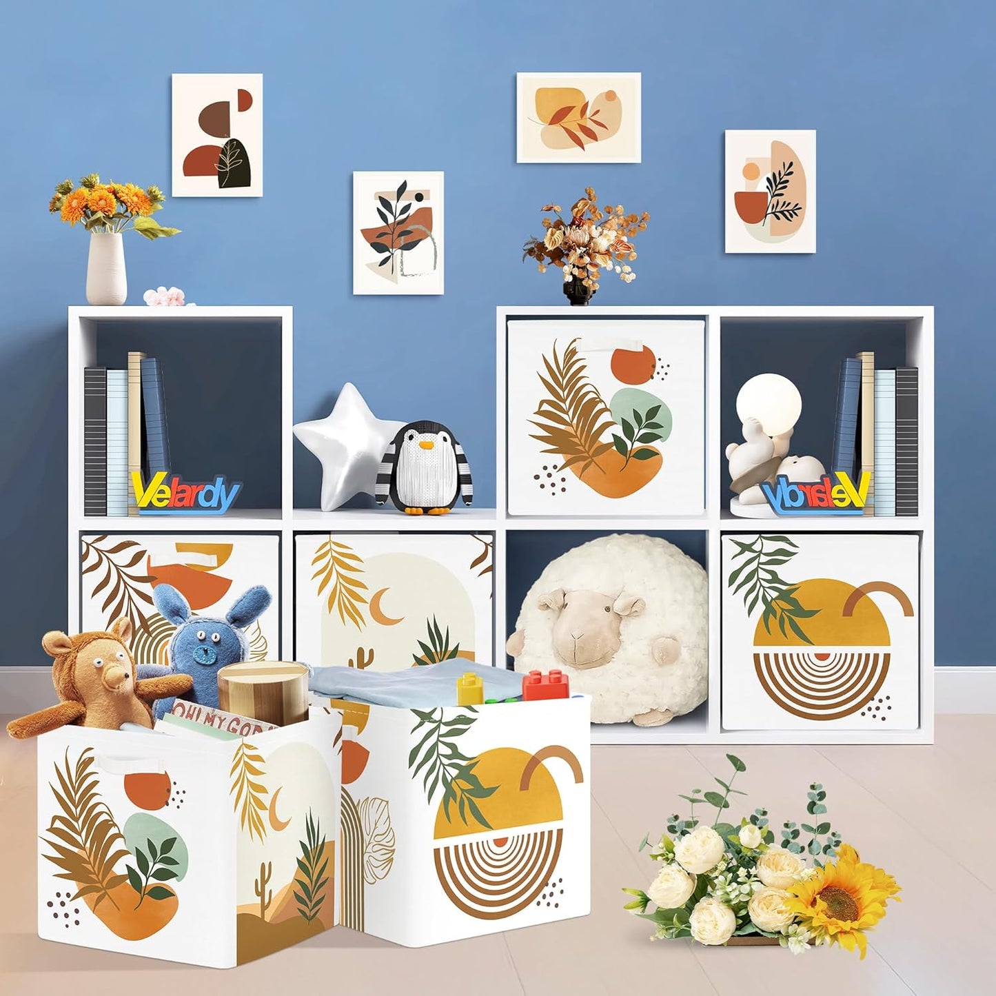 11.8" Boho Leaves Storage Cube Organizer Mid Century Modern Clothes Storage Basket Bin for Closet Shelf Art Abstract Geometry Nursery Kid Room Book Toy Chest, 3Pcs