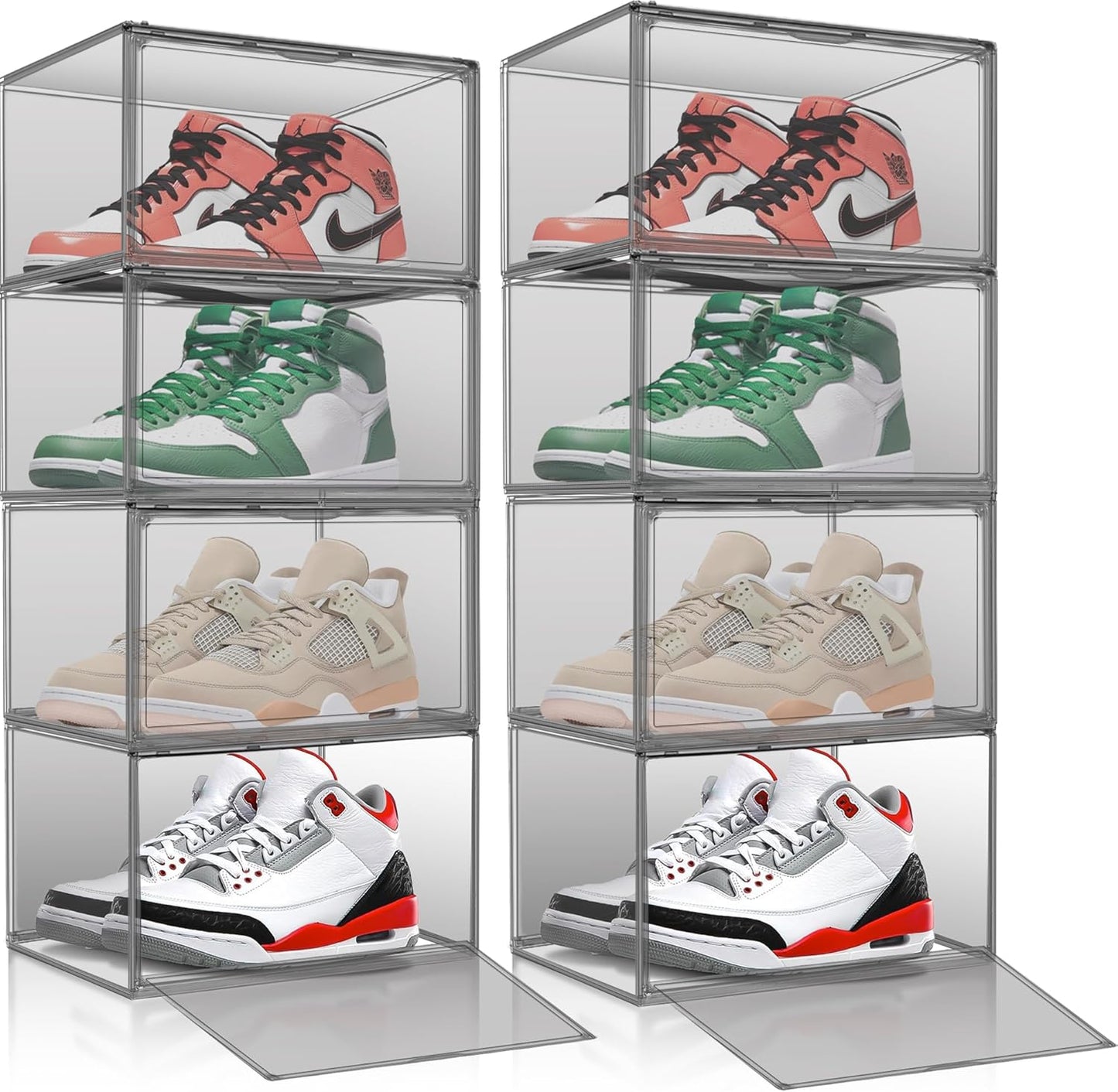 12 Pack Large Shoe Organizers Storage Boxes for Closet Clear Plastic Stackable Shoe Box Storage Bins with Lids, Under Bed Shoe Containers for Entryway, Size 12 Gray
