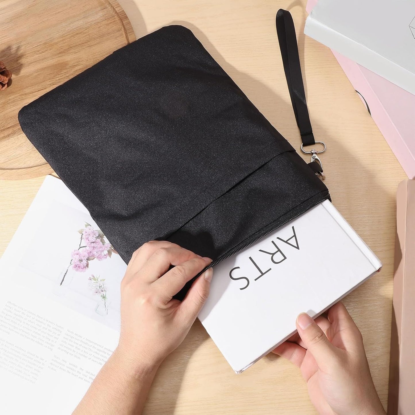 GLOBLELAND Black Waterproof Book Cover Bag with Zipper Hnadle for Book Lovers 12"x9.5" Canvas Paperback Cover Travel Book Pouch Protector with Front Pocket for Paperbacks Hardcover Books Gifts