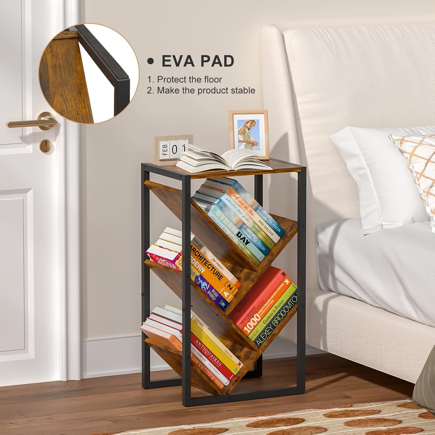 Small Bookcase - 5 Tier Tree Bookshelf with EVA Pads, Book Shelf for Small Spaces Bookshelves Wooden Book Storage Organizer Shelves for Hardcover Books Bedroom Living Room, Patent Pending