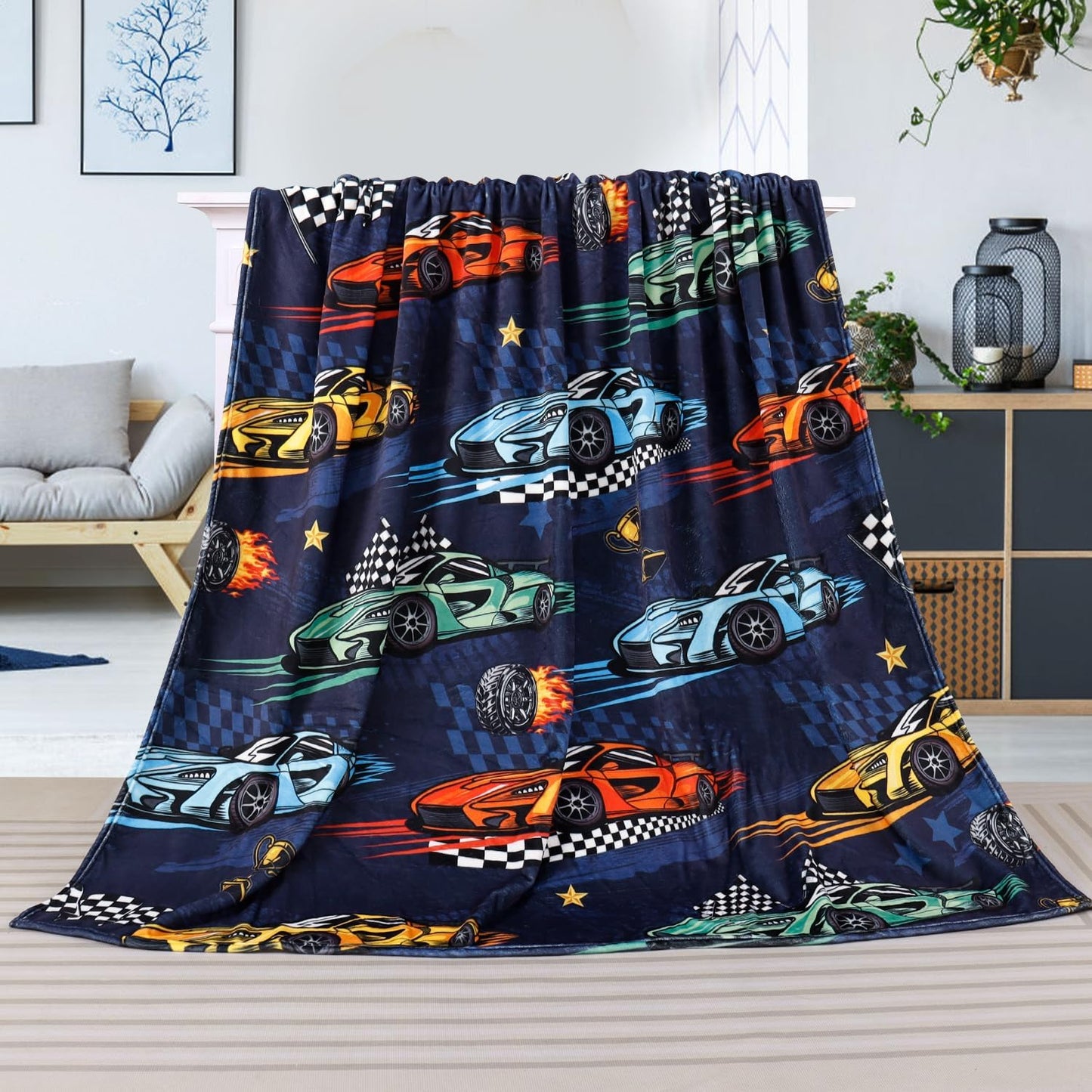 Racing Car Throw Blanket Gifts for Car Lovers Boys Adults Teens Throw Blanket Lightweight Warm Cozy Fuzzy Plush Flannel Blanket Muscle Cars Flannel Blankets for Travel Bed Sofa 50" X 60"