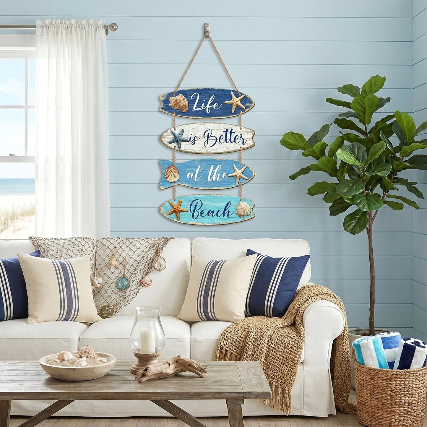 Summer Beach Wooden Wall Decor Farmhouse Coastal Bathroom Wall Art Room Decor Blue Nautical Wooden Hanging Sign Decorations for Bedroom Bathroom Office Home Signs Living Room Door Decorations