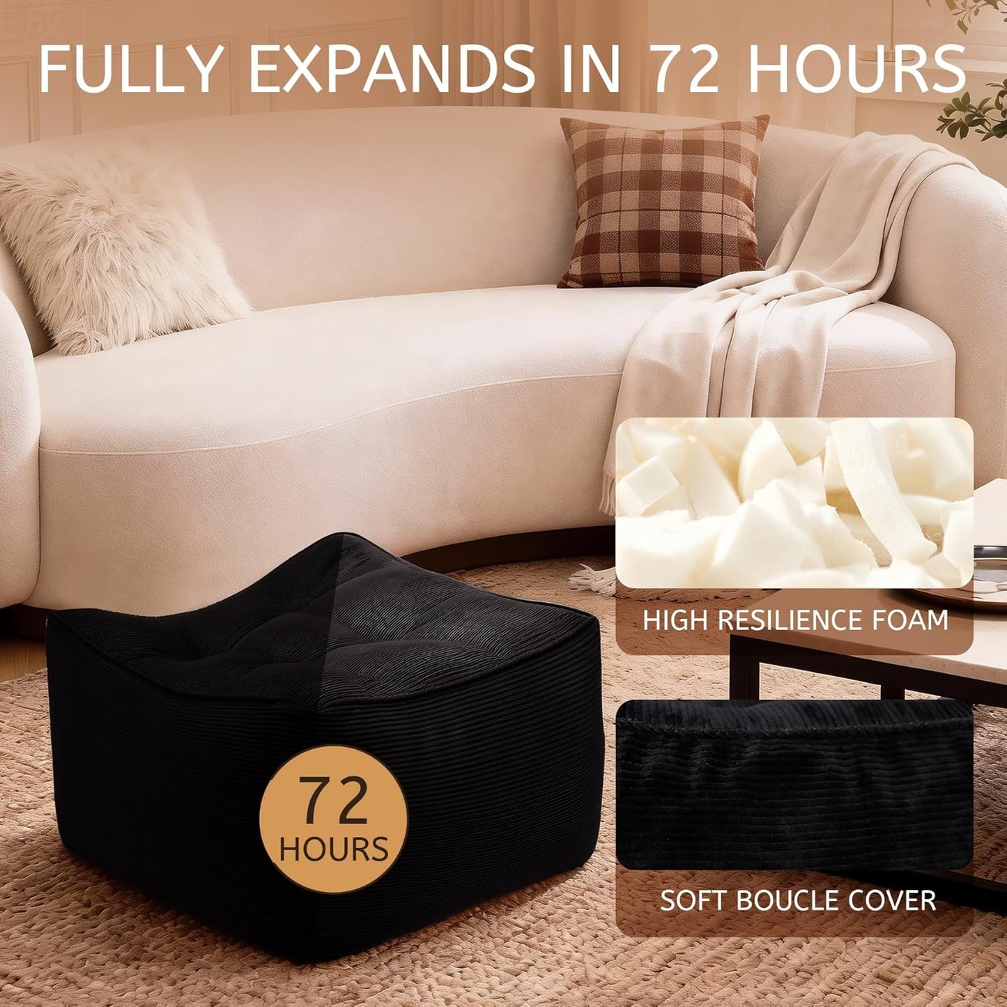 Square Corduroy Pouf Ottoman, Soft Fluffy Foot Stool with Foam Chunk Filling, Floor Pouf & Storage Ottoman for Living Room, 21.7" x 21.7" x 14", Black