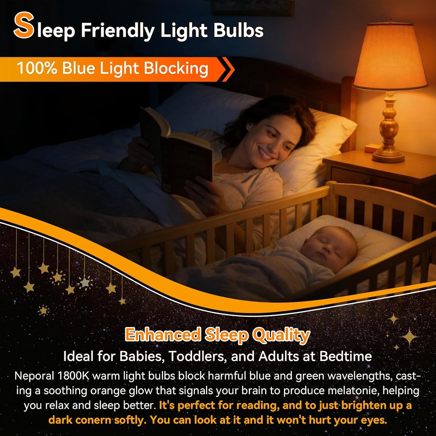 Neporal A15 Amber LED Light Bulb 1800K, True Blue Light Blocking Sleep Aid Bulb for Bedroom Nursery, 7W Replacement for 40W, Soft Warm Glow to Protect Melatonin, E26 Base (8, Amber)