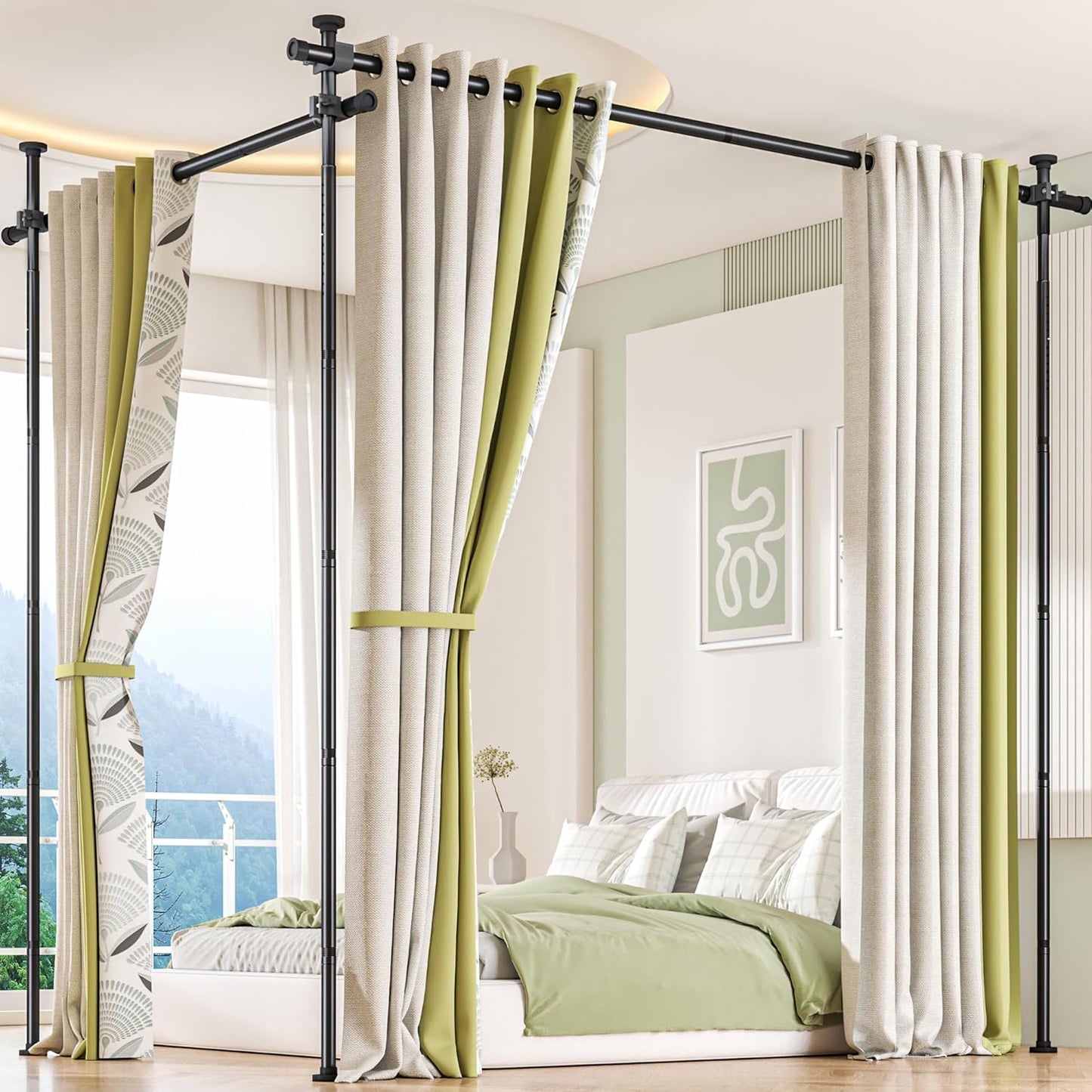 Room Divider Curtain Rod, No Drilling Tension Rod for Room Separation, Adjustable 4-10ft(H) 30-147"(W) Heavy Duty Floor to Ceiling Wall Divider Space Partition Privacy Separator for Dorm Office, Black