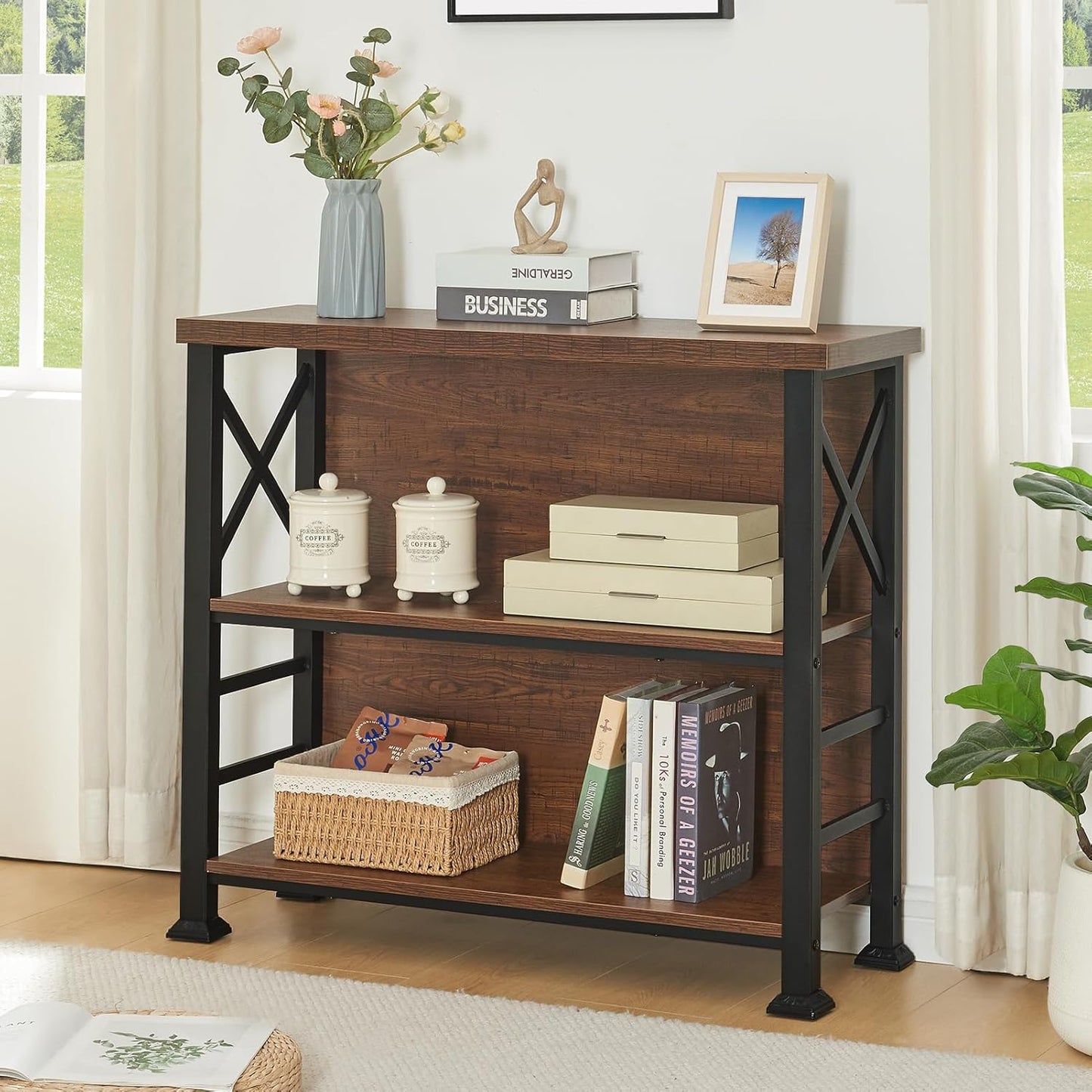 HOMBAZAAR 3-Tier Small Bookshelf, 35.4 Inch Short Book Shelf with Sturdy Metal Frame & Wood Shelves, Rustic Brown Industrial Bookcase for Living Room, Bedroom, Office